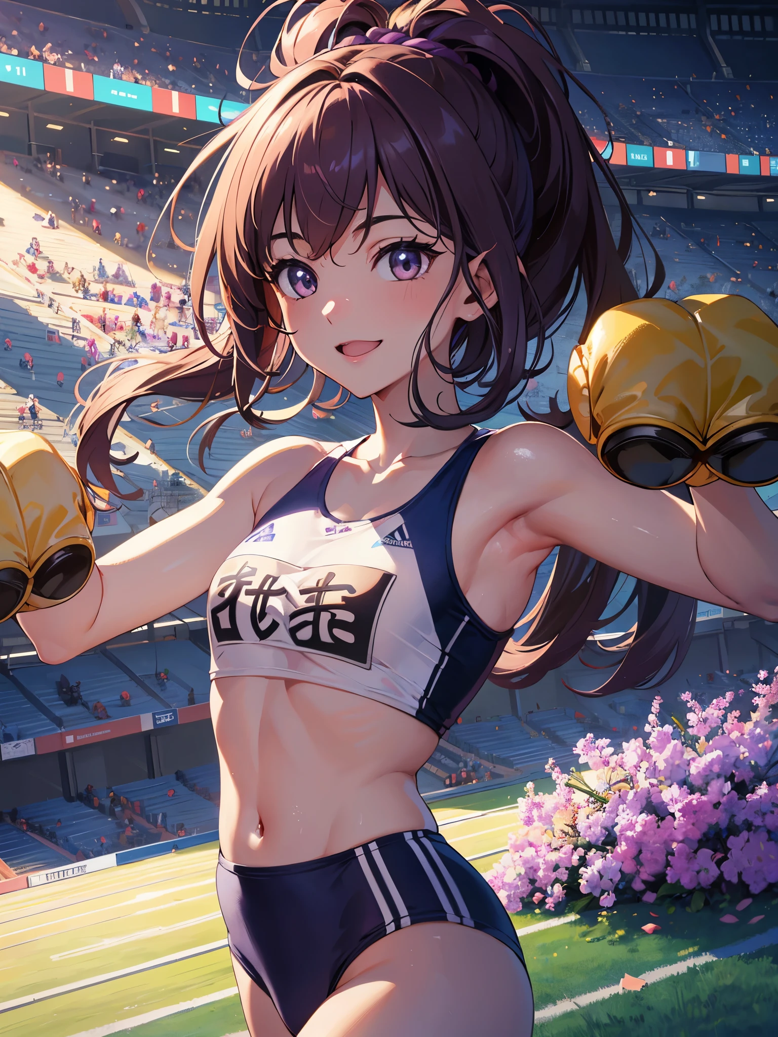 Unity 8K Wallpaper, Masterpiece, Best Quality, Ultra Detailed, Extremely Detailed CG, Ultra High Resolution, Caustics, Detailed, Beautiful Detailed Eyes, solo, (close up face, portrait:1.3, athletics stadium, brighten the subject, running trunks), smile, brown eyes, medium hair, purple hair