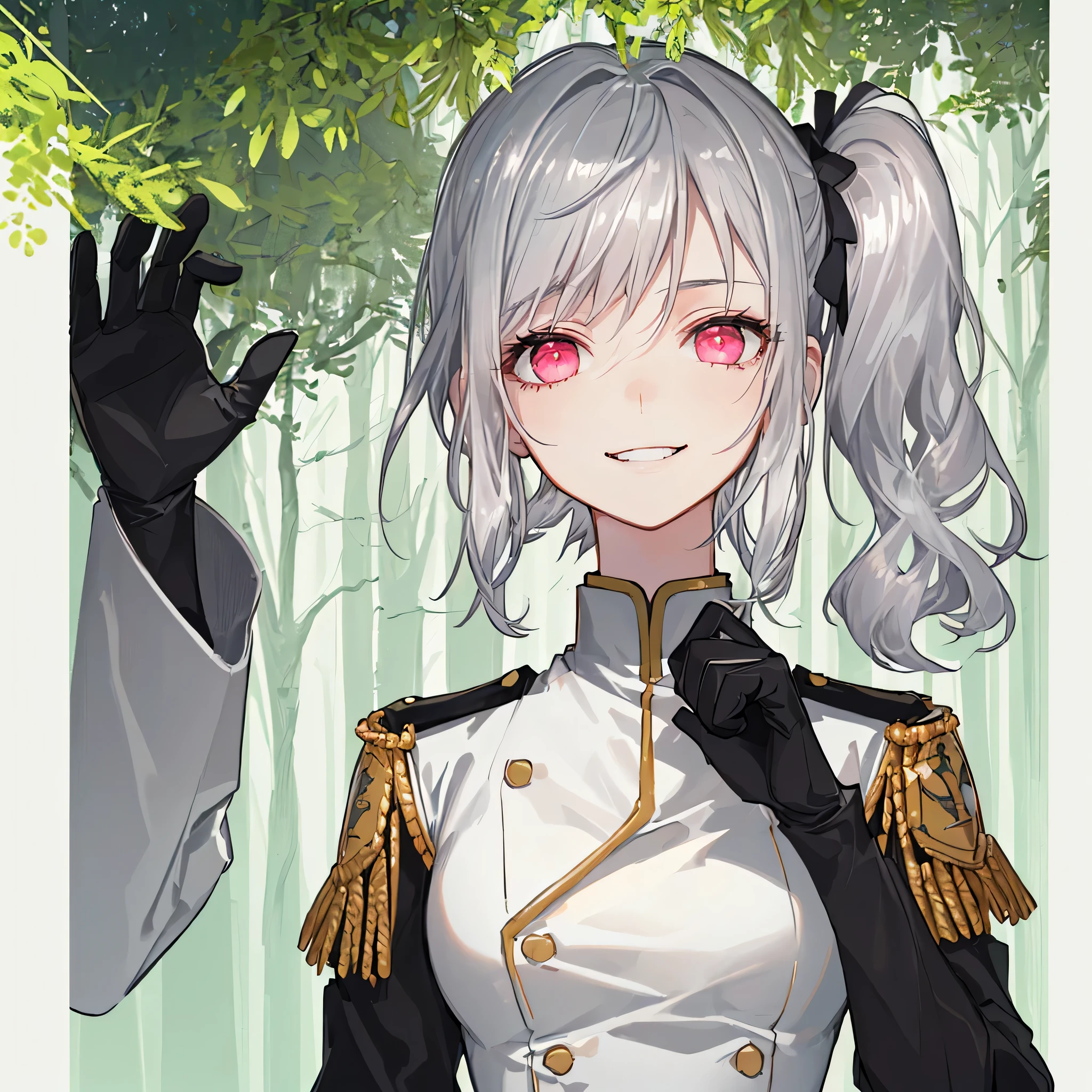 [(forest background:1.4)::5],original,(shape:1.1),(highest quality),(table top:1.1),(Highly detailed CG Unity 8k wallpaper:1.1), (colorful:0.9),(mid shot:0.95),((Dense and beautiful face and body)),(alone:1.2), (girl), (detailed beautiful eyes:1.15), (beautiful face:1.15), (shining pink eyes:1.25////),((Silver medium hair)),((side ponytail)),(+perfect hands+:1.21),(Draw an illustration of the Black Knight),(religious),(thin),(silver hair),Are standing,(wearing military uniform),((black stockings)),(((Forest Street))),From the side,evil smile,Upper body,