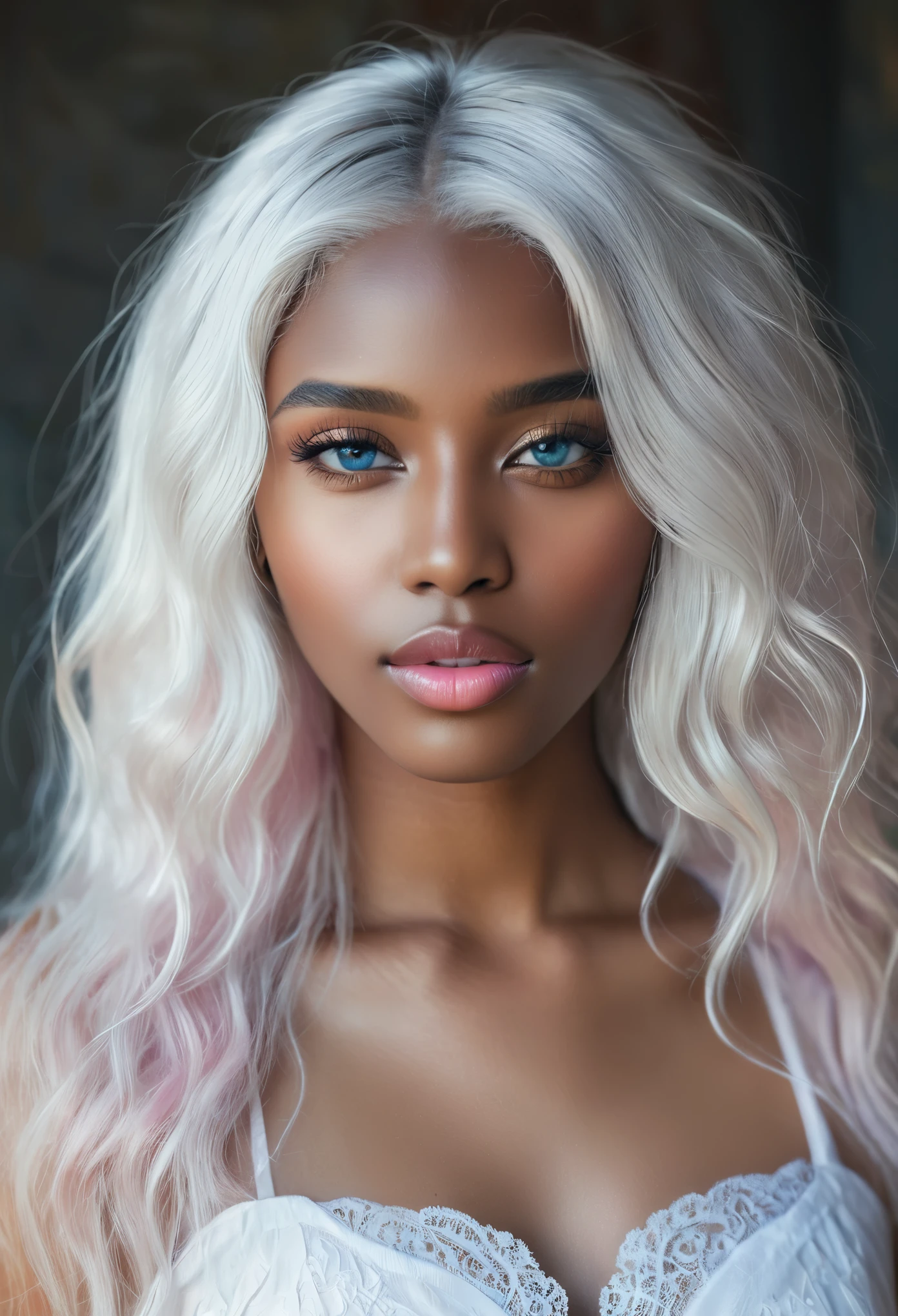 beautiful (((darkskin:1.2))) androgen:1.3, ((dark skin:1.2)), (((white hair))), ethereal darkskin beauty,piercing blue eyes,long flowing white hair,darkskin complexion,soft pink lips,sensual demeanor,alluring gaze,graceful pose,subtle makeup,pure white dress,delicate features,striking contrast with her surroundings,soft natural light,subtle shadows,ethereal atmosphere,vibrant colors,dreamlike setting,romantic ambiance,artistic portrait,highly detailed rendering,photorealistic quality.