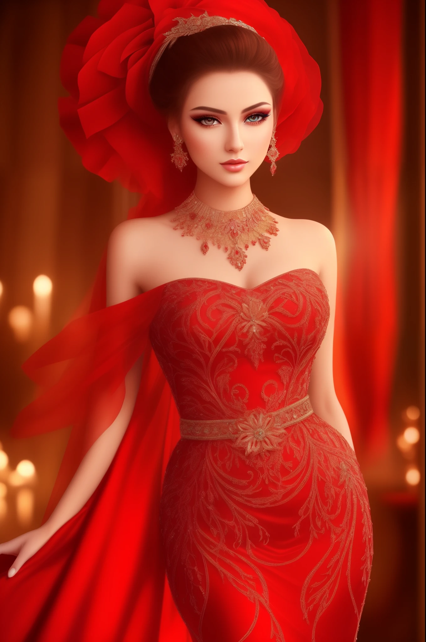 Dazzling Makeup，(masterpiece:1.2), best quality, masterpiece, A high resolution, original, Extremely detailed wallpaper, perfect lighting,(Extremely detailed computer graphics:1.2), Beautiful detailed girl, high detail eyes, Lips, Face, full length portrait, in a chic red evening dress, social event 
