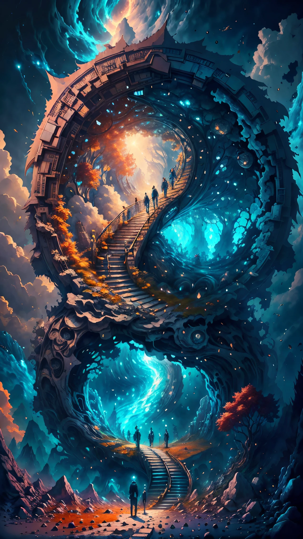 Ein Mann steht vor einem Weltraumtor und blickt auf die Sonne, Cyril Rolando und Goro Fujita, Portal for everyone else, inspiriert von Cyril Rolando, Portal in eine andere Dimension, Welt nur durch ein Portal zu sehen, Fantastic high quality photo, Portal for the world, Portal zum Weltraum, im Stil von Cyril Rolando, Blick in den Weltraum