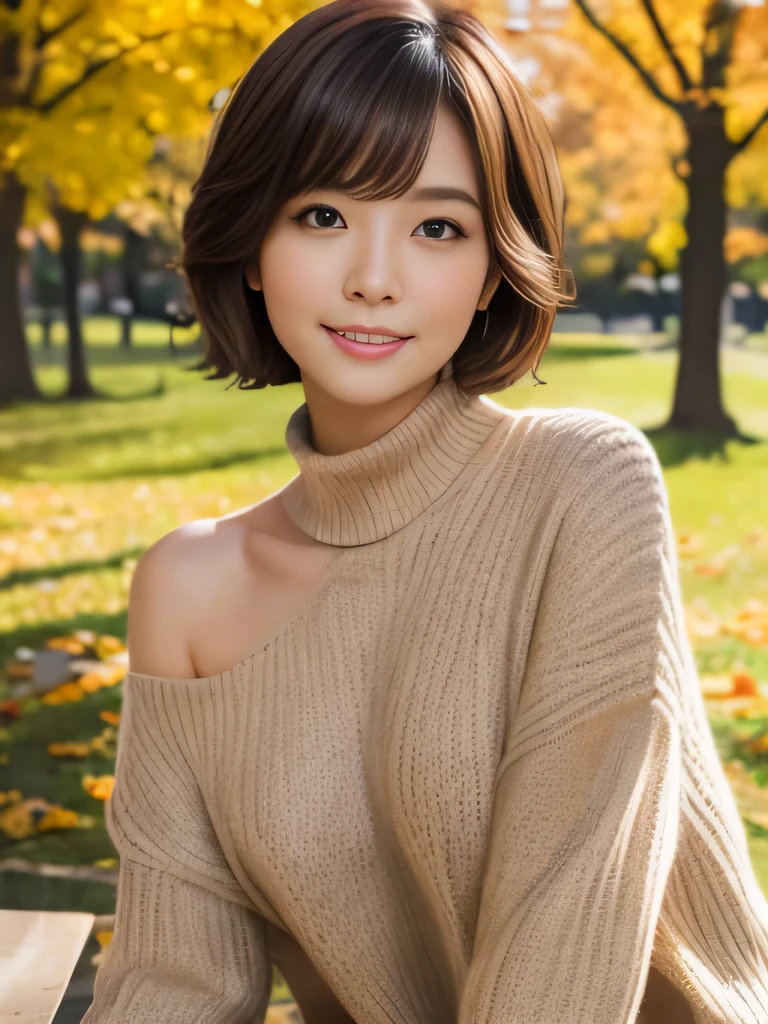table top, highest quality, shape, Super detailed, finely, High resolution, 8k wallpaper, 完璧なダイナミックな構shape、Mature woman 27 years old cute girl、sweet girl、fiery idol pose、detailed face、Super detailedかわいい目、realistic lips、realistic and beautiful skin、shy smile、wavy brown short cut hair、small breasts、bold sexy pose、Sweater with one shoulder exposed、Ginkgo biloba in autumn leaves、