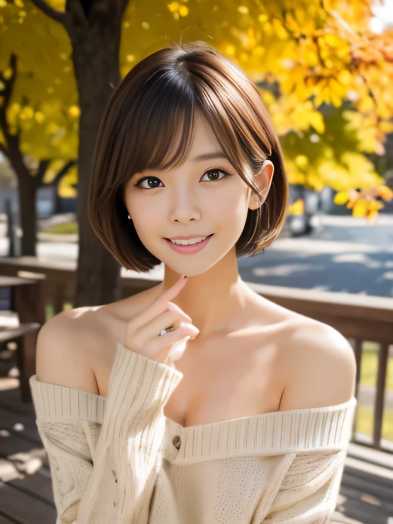table top, highest quality, shape, Super detailed, finely, High resolution, 8k wallpaper, 完璧なダイナミックな構shape、Mature woman 27 years old cute girl、sweet girl、fiery idol pose、detailed face、Super detailedかわいい目、realistic lips、realistic and beautiful skin、shy smile、wavy brown short cut hair、small breasts、bold sexy pose、Sweater with one shoulder exposed、Ginkgo biloba in autumn leaves、