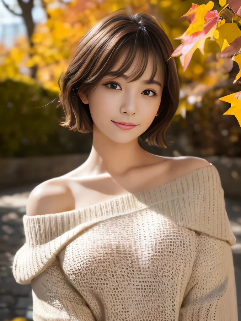 table top, highest quality, shape, Super detailed, finely, High resolution, 8k wallpaper, 完璧なダイナミックな構shape、Mature woman 27 years old cute girl、sweet girl、fiery idol pose、detailed face、Super detailedかわいい目、realistic lips、realistic and beautiful skin、shy smile、wavy brown short cut hair、small breasts、bold sexy pose、Sweater with one shoulder exposed、Ginkgo biloba in autumn leaves、