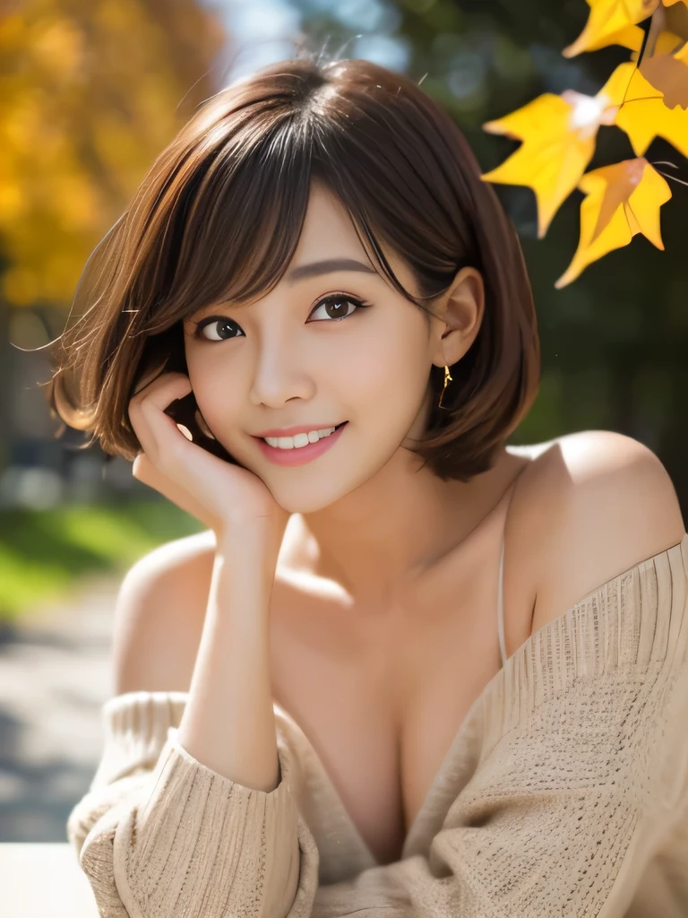 table top, highest quality, shape, Super detailed, finely, High resolution, 8k wallpaper, 完璧なダイナミックな構shape、Mature woman 27 years old cute girl、sweet girl、fiery idol pose、detailed face、Super detailedかわいい目、realistic lips、realistic and beautiful skin、shy smile、wavy brown short cut hair、small breasts、bold sexy pose、Sweater with one shoulder exposed、Ginkgo biloba in autumn leaves、