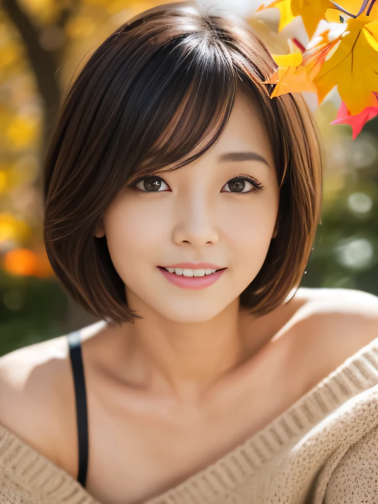 table top, highest quality, shape, Super detailed, finely, High resolution, 8k wallpaper, 完璧なダイナミックな構shape、Mature woman 27 years old cute girl、sweet girl、fiery idol pose、detailed face、Super detailedかわいい目、realistic lips、realistic and beautiful skin、shy smile、wavy brown short cut hair、small breasts、bold sexy pose、Sweater with one shoulder exposed、Ginkgo biloba in autumn leaves、