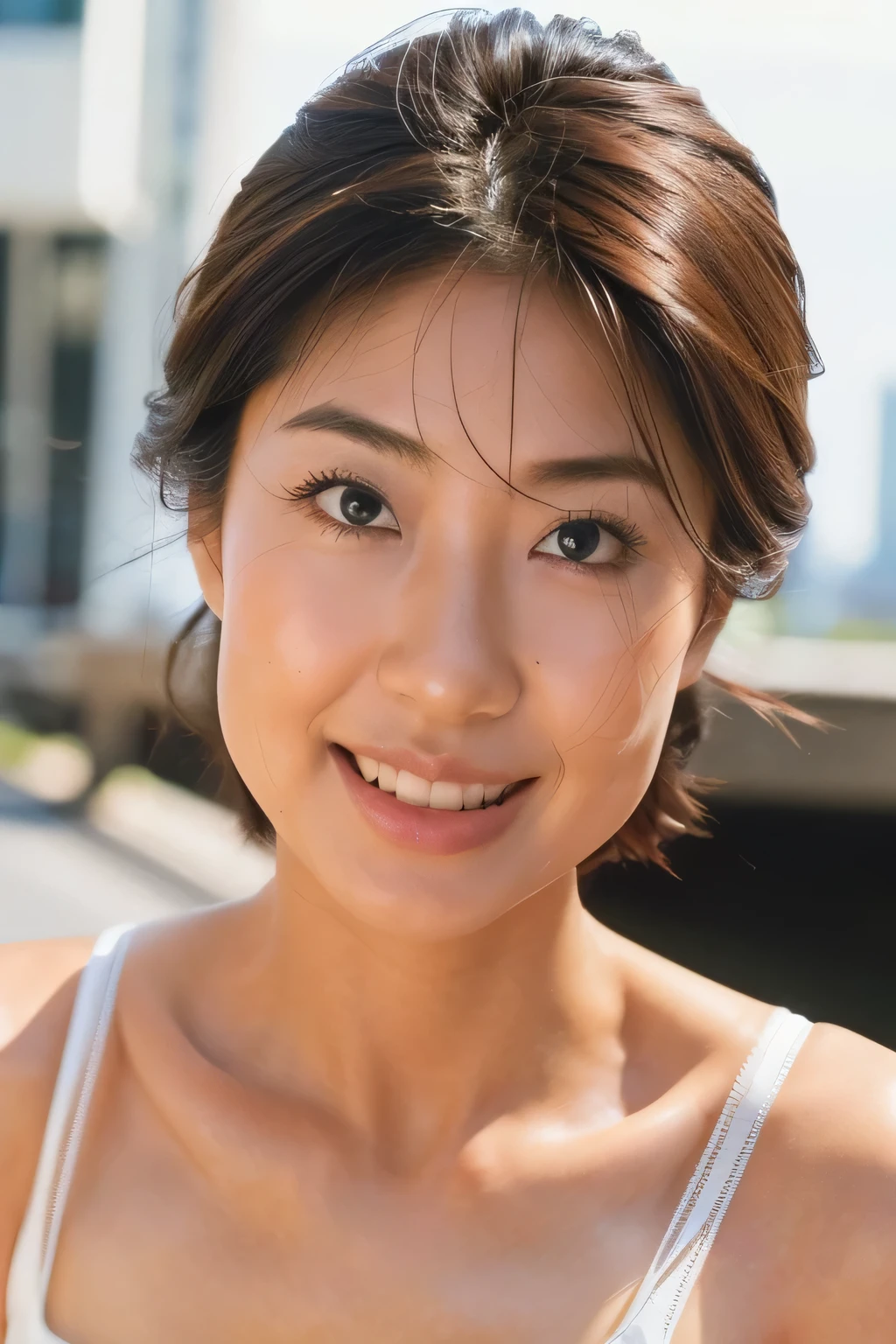 NSFW:1.5,((highest quality、8K resolution、master masterpiece、portrait:1.3)), Photoreal, 35mm film, 1 Japanese female, Upper body,Beautiful woman, on the street during the day, wrinkles around the eyes, plump body,,smile,((fancy white bra_panties:1.3)) , (outdoors:city street 1.3), jumbled background,look at the audience,Tokyo cityscape:1.3