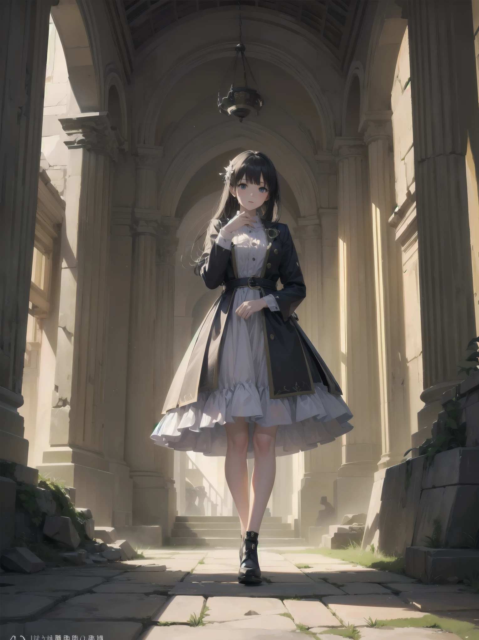 Inside the ancient ruins、In front of an altar illuminated by a mysterious power、One girl takes center stage。Her neat clothes and perfect features、With a clever gesture、Gives a feeling as if you have traveled back in time。Her appearance makes full use of realistic materials and textures.、Combining ancient mystery and modern beauty。This whole scene has、Artistic shading effect、There is a sense of dynamism reminiscent of the climax scene of a movie.。This high-quality, ultra-detailed illustration、Bring out the charm of the main heroine to the fullest