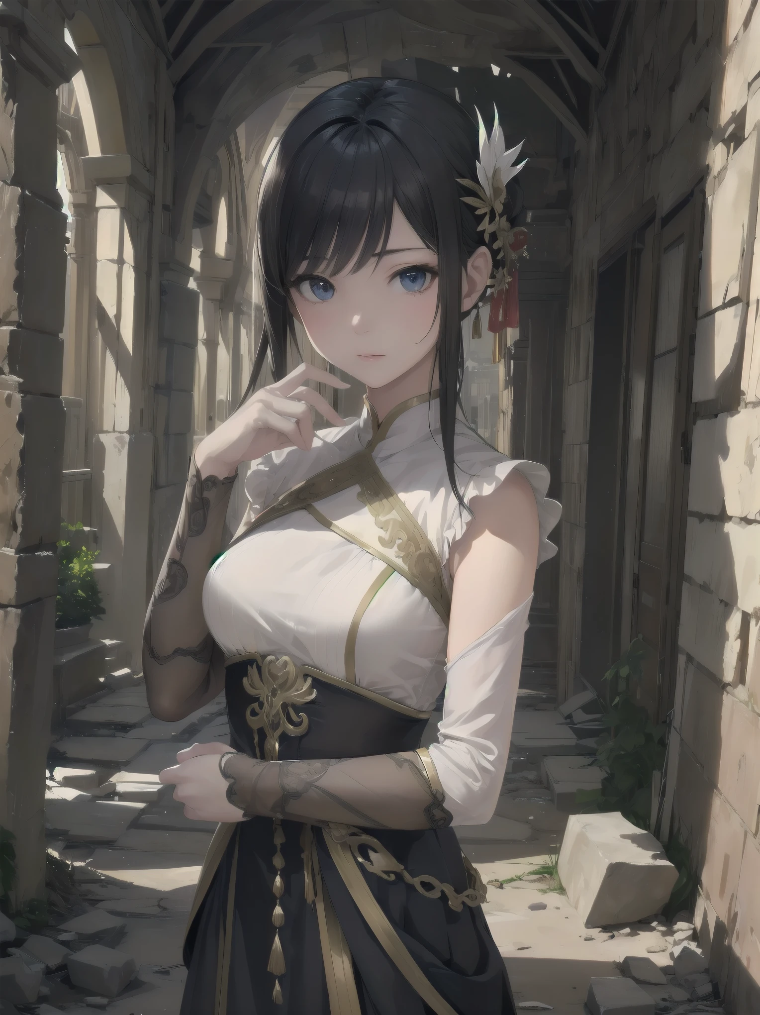One girl、Standing against the backdrop of the majestic ruins of an ancient ruin。her costume is、A design that is neat yet gives you a sense of ancient mystery.、The realistic feel and texture of the material stands out.。her face is perfectly drawn、Capture the hearts of viewers with your clever gestures。The surrounding area is illuminated with artistic shading effects.、It makes her presence even more prominent.。This scene is、Combines cinematic dynamism and storytelling、A high-quality, super-detailed illustration that brings out the charm of the main heroine.