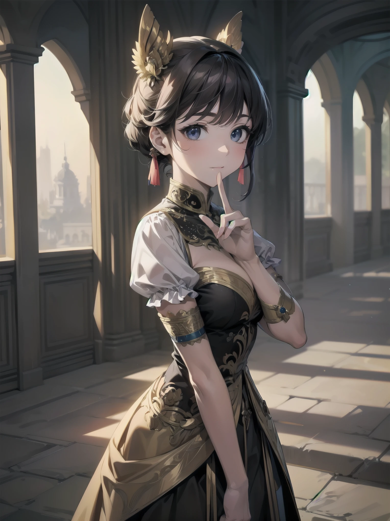Inside unimaginable ancient ruins、In a corner where a mysterious light shines in、A neat and beautiful girl is standing。her perfect face、It is further highlighted by the artistic shading effect.。Her costume is drawn with realistic materials and textures.、in harmony with ancient ornaments、Carefully expressed down to the smallest detail。The girl is、He is staring at me with a sly gesture.、That moment is as dynamic as a scene from a movie.。This illustration、The design brings out the cuteness of the main heroine to the fullest.、High quality and extremely detailed。