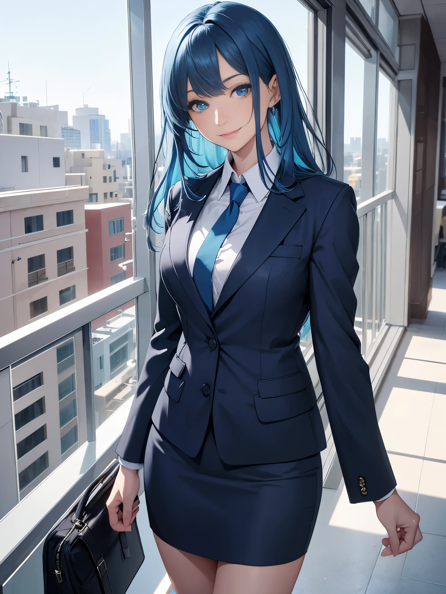 best quality, 32k, RAW photo, incredibly absurdres, extremely detailed, delicate texture, intelligent beauty, medium hair, shoulder-length hair, blue hair, aquamarine eyes, hair over one eye, wearing business suit, playful, cute smile, closed mouth, outside office balcony