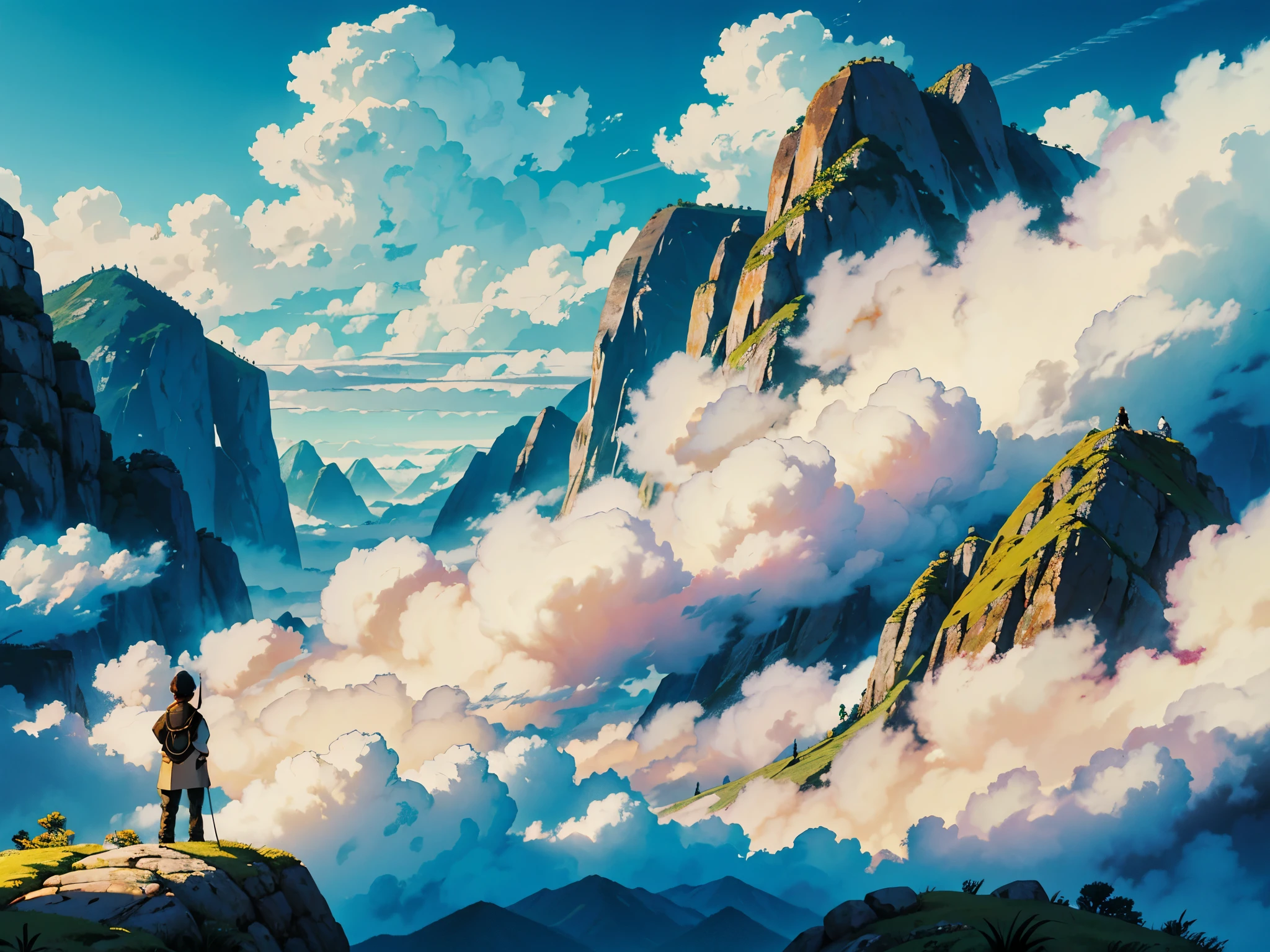 Um menino no topo de uma montanha olhando para o horizonte, deep behind the mountains there is a gigantic viper, with the body covered in fog, o sol esta se pondo, luz natural, pintura de aventura, estilo estudio ghibli.