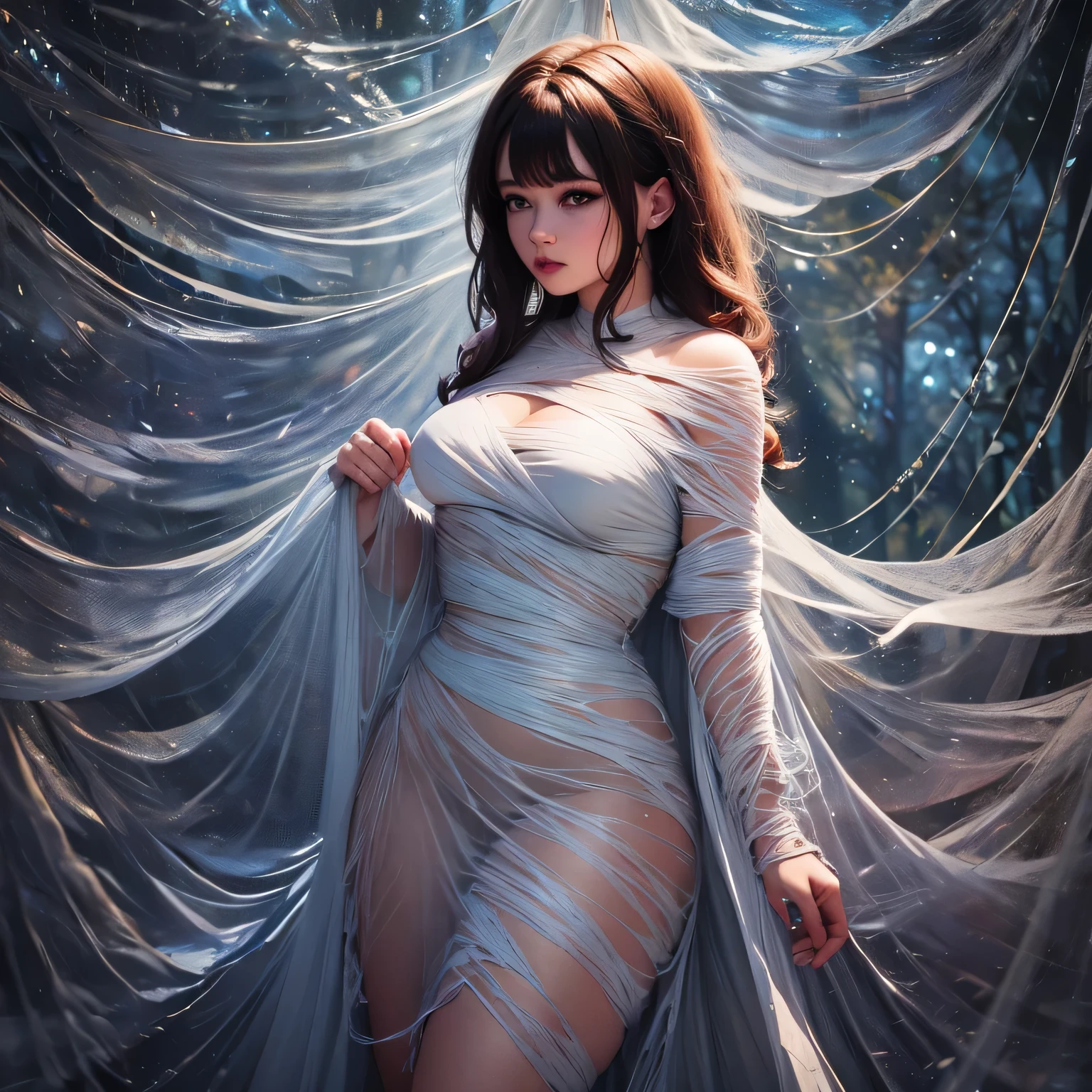 one girl tied up by another one with rope,(bright lighting,romantic setting),dreamy background,bondage,dark hair, mesmerizing gaze, , soft skin, alluring beauty, artistic portrait, high-quality image, vibrant colors, long silk gown, dressing room, (cocoon:0.8)