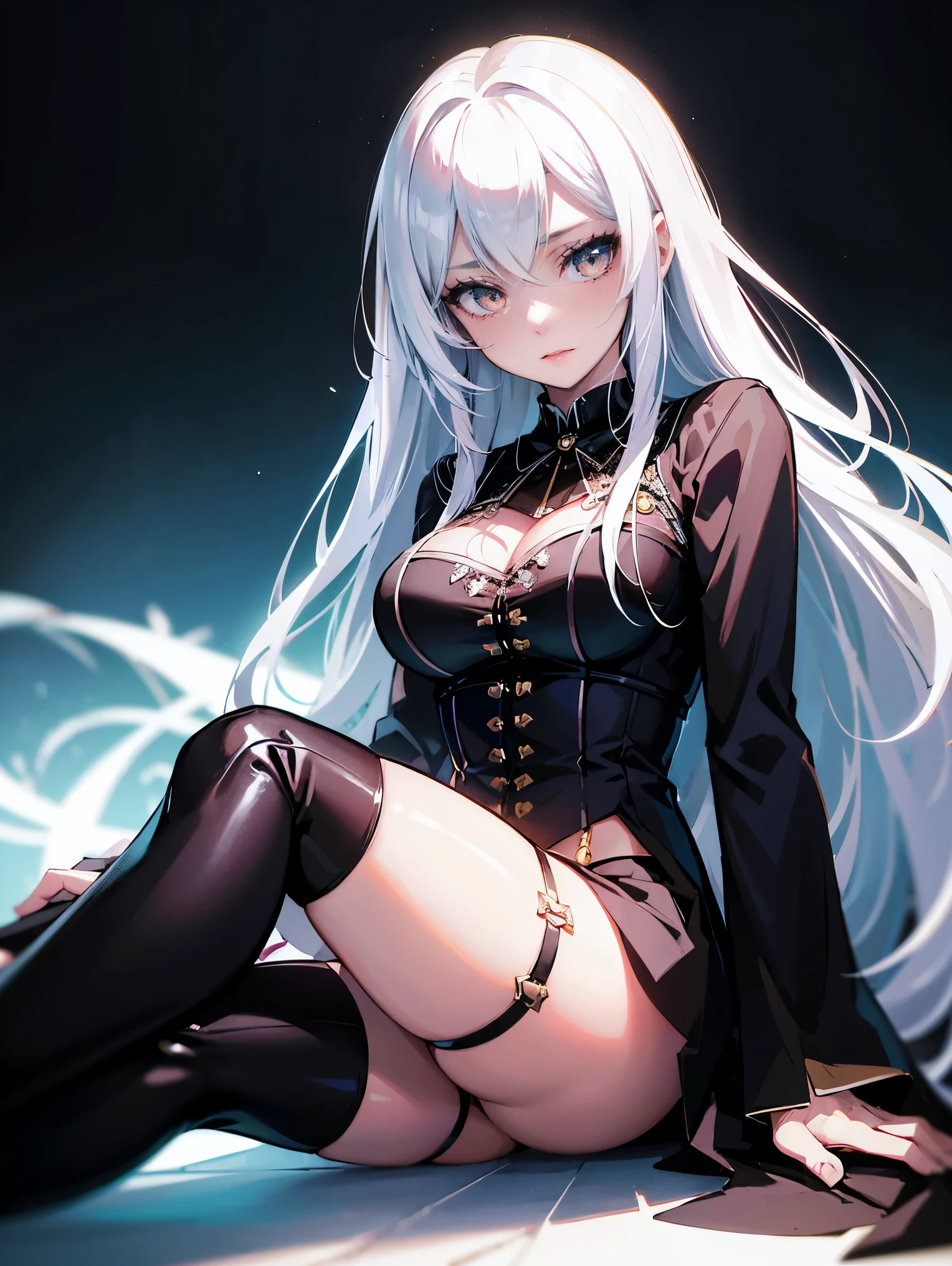anime - style illustration of a woman with white hair and a black top, a character portrait inspired by Ross Tran, trending on Artstation, gothic art, ross tran style, rossdraws 1. 0, rossdraws 2. 5, artgerm and rossdraws, rossdraws 2. 0, :: rossdraws, neoartcore and charlie bowater, stocking suspenders, leg on leg, sittingin the badge, neon light