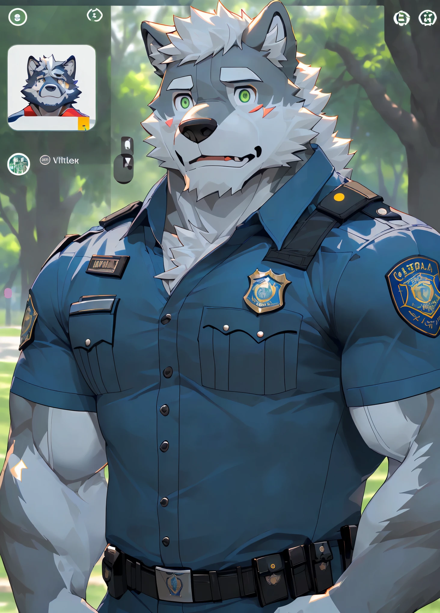 (masterpiece)，(Very detailed)，(best quality)，hairy，Wolf，gray fur，white hair，golden pupil muscles，((police uniform))，(Expose chest1:2)，(((convex)))，alone，Hide behind trees，(The expression is nervous:1.3)，park background，(((Video call interface:1.5)))，(full-body shot)，(long shot) ，8k，(high quality)，(ultra high definition)