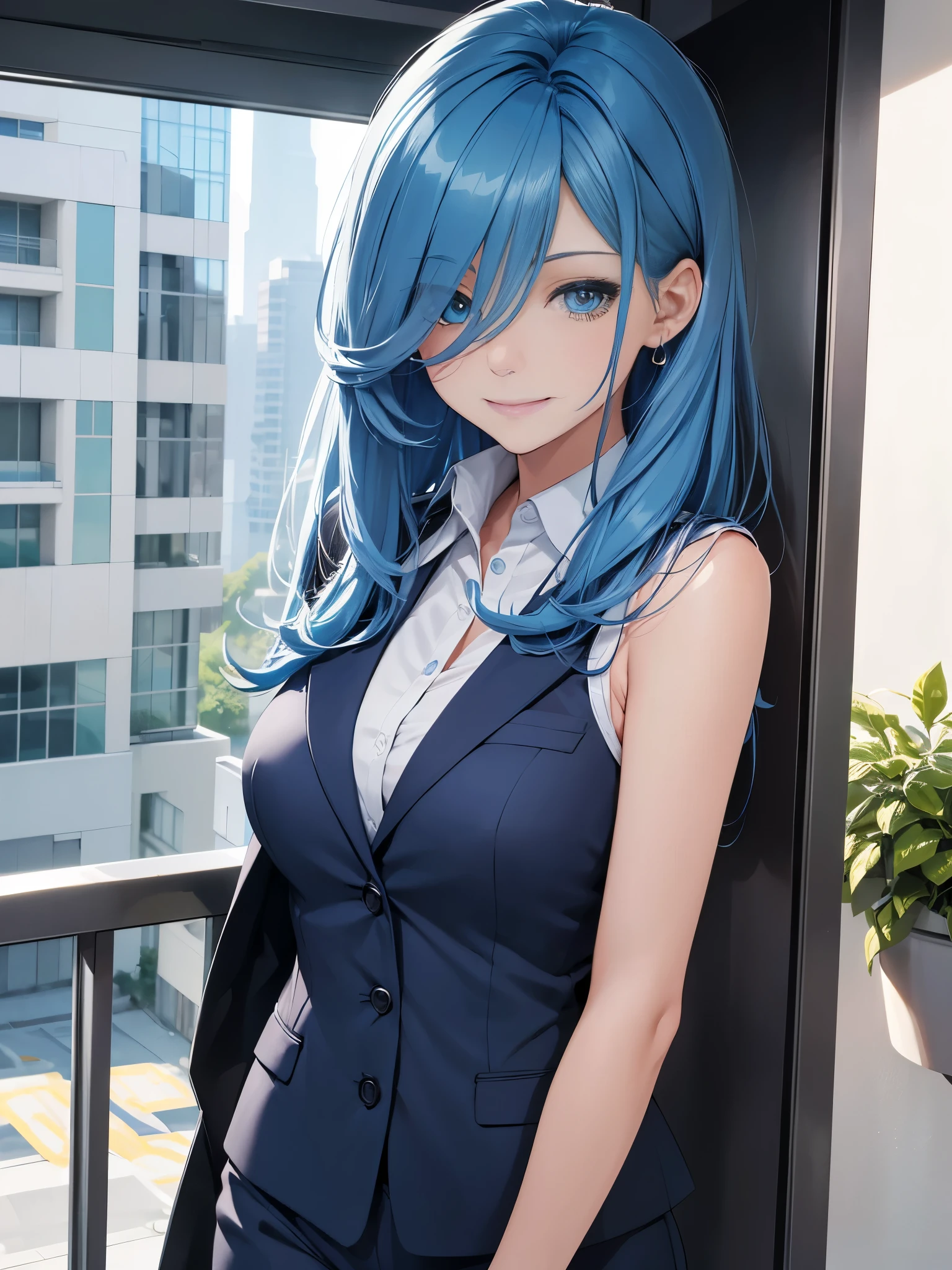 best quality, 32k, RAW photo, incredibly absurdres, extremely detailed, delicate texture, intelligent beauty, medium hair, shoulder-length hair, blue hair, aquamarine eyes, hair over one eye, wearing business suit, playful, cute smile, closed mouth, outside office balcony
