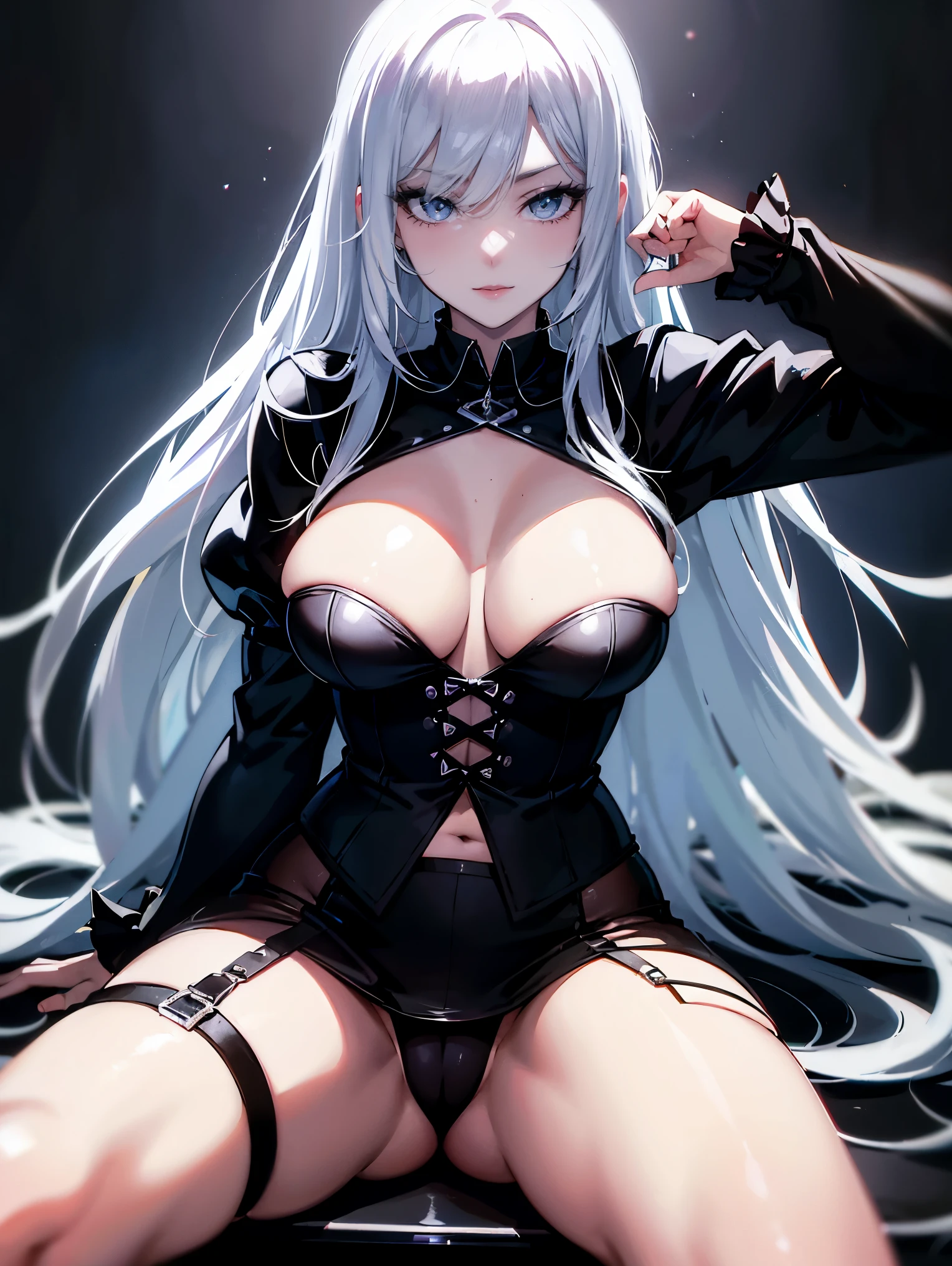 anime - style illustration of a woman with white hair and a black top, a character portrait inspired by Ross Tran, trending on Artstation, gothic art, ross tran style, rossdraws 1. 0, rossdraws 2. 5, artgerm and rossdraws, rossdraws 2. 0, :: rossdraws, neoartcore and charlie bowater, stocking suspenders, leg on leg, sittingin on the car, neon light 