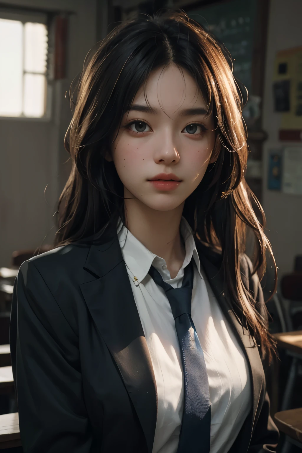 (RAW photo, best quality), (realistic, photorealistic: 1.3), highest quality, high definition, masterpiece, super detail, illustration, 1girl, upper_body, dynamic angle, messy_long_hair, top quality, highly detailed CG Unity 8k wallpaper, ink, fantastic, movie lighting, lens_flare, dunhuang_style, High school girl uniform, blonde, Tokyo city,
