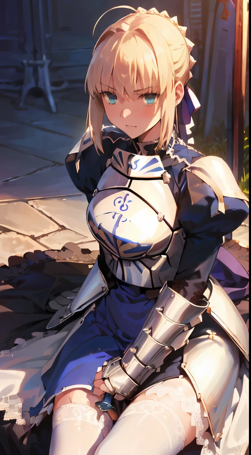 Nsfw,Skirt lift,torn skirt,sitting,(((white lace pantieasterpiece:1.4), (best quality:1.4), realistic, 1girl, artoria pendragon \(fate\), armor, (excalibur \(fate/stay night\), sword, holding sword:1.1),long dress,masterpiece,detailed eye,detailed skin,detailed face,