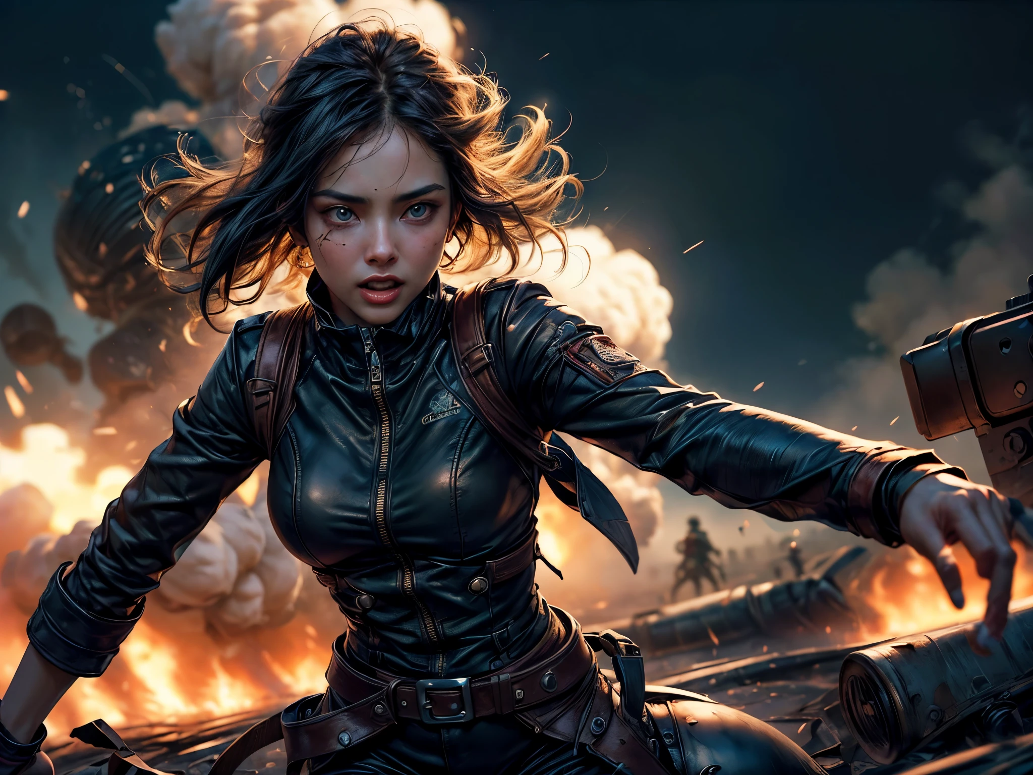 ((A stunningly beautiful young woman with long flowing radiant hair in various punk-style colors, dressed in Mad Max style: a leather pilot's hat adorned with intricate decorations, leather clothing adorned with numerous metal decorations, and inspired clothing punk. She poses dynamically, her expression captivating and self-assured, she looks directly into the camera. The backdrop shows epic lighting of a desolate, desert landscape, with explosions in the background of the scene, air and vehicles exploding in flames. Every detail is rendered with supreme quality, from the cinematic lighting that casts dramatic shadows and reflects off the metal:1.5)),((Imaginative scene)),((perfect, meticulously detailed: 1.4)), ((full shot: 1.4, dynamic pose: 1.3)), ((Best Quality)), ((Masterpiece)), 3D, (Hyper Detailed: 1.3), ((Epic Landscape: 1.3)), (Photorealistic: 1.4), ((Front camera, long shot)), ((Low-light night movie lighting: 1.2)) .32k.