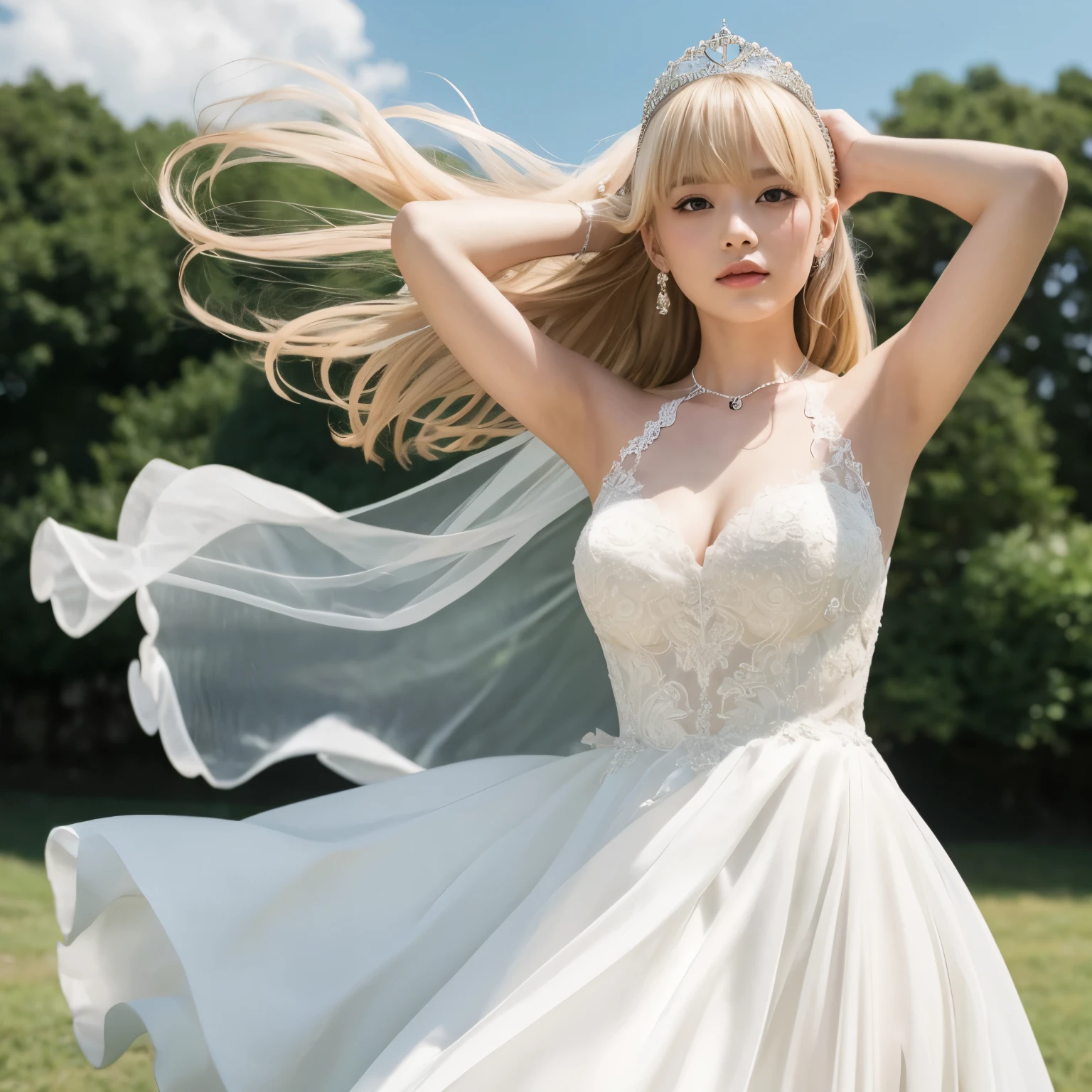 A giri,wedding dress,british queen,blown by the wind,blonde,tiara,bangs bangs,armpit