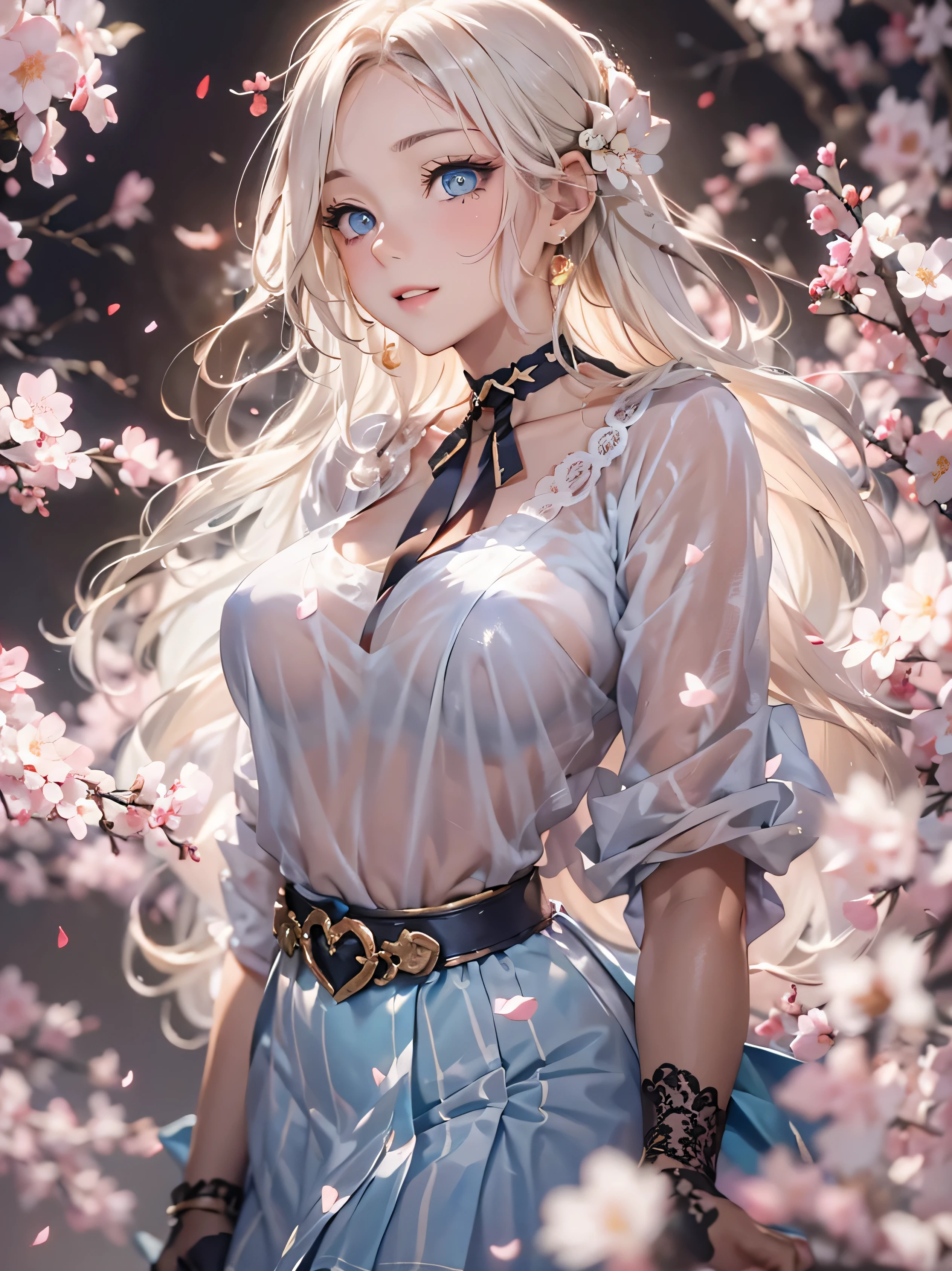 (photorealistic:1.8, highest quality:1.8,8K masterpiece:1.8,High resolution,muste piece:1.8,RAW Photos,cinematic lighting), 1 23-year-old woman,(thin transparent shirt、mini skirt,choker,knee high tights,white panties、beautiful butt,beautiful thighs), (beautiful detailed blue eyes:1.7,double eyelid:1.6,beautiful skin:1.8) line of sight(Turning Head Away, Glancing Elsewhere:1.5),(photo seen from behind:1.4), (midium Hair:1.2,Beautiful shining blonde hair:1.5), expression(Gentle Smile:1.3,face turns red:1.3),(Moderate chest:1.3), Pause(look back, Seductive pose:1.5), background(cherry blossoms、rape blossoms、Bright field with blooming flowers),Nipples are visible through the costume、anatomically correct,correct number of arms:1.5,correct number of legs:1.5,(cameltoe),No split screen