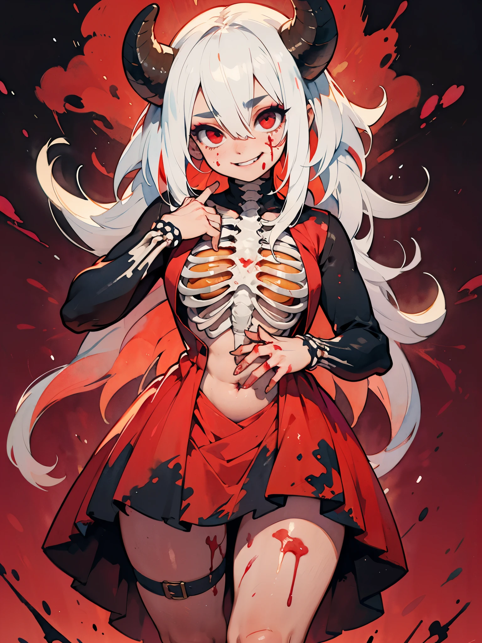 Masterpiece, Hyper detailed, Best quality, UHD, Ultra high resolution, (16K), (((Watercolor))), ((anatomically correct)), 1 woman, Horror smile Expression, ((Hyper detailed Blood dress, ribcage, skeleton, eye on stomach)), Beautiful face, Busty, Curvy, (Hyper detailed eyes, Red eyes), Longeyelashes, Jewellery, Makeup, Facepaint, Horns, ((Long Hair, White Hair, straight hair)), {{{Dark Lighting}}}, ((Horror setting, Gore, blood splatter, Blood)), AGGA_ST009