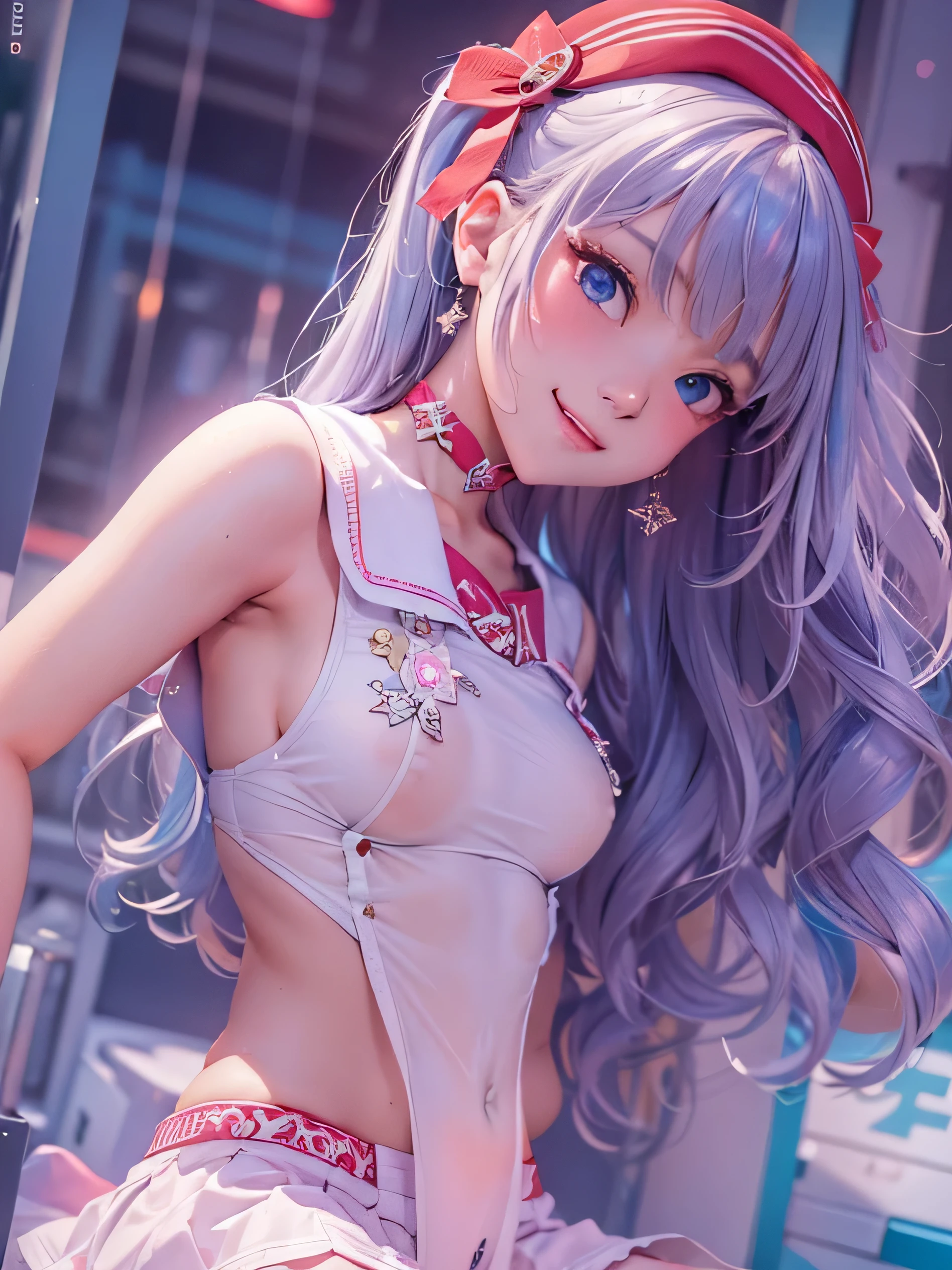 (photorealistic:1.8, highest quality:1.8,8K masterpiece:1.8,High resolution,muste piece:1.8,RAW Photos,cinematic lighting,red and purple dream colors),one goddess、(colorful armor sailor suit、mini skirt、choker、Fishnet tights、loafer shoes),(beautiful detailed blue eyes:1.7,double eyelid:1.6,Beautiful skin with glowing details:1.2),
(Looking at Viewer:1.5),(whole body,Photo seen from below:1.5),
(midium Hair:1.2,Beautiful shining blue-white hair:1.5),
expression(Sly Smile:1.3,face turns red:1.3),(Moderate chest:1.3),
Pause(back pose:1.3,Seductive pose:1.5),
background(Rainy city alley、neon),Nipples are visible through the costume、(detailed perfect face),anatomically correct,correct move:1.5,correct foot:1.5,4 fingers and 1 thumb in correct proportions,(cameltoe),No split screen,slender abs:1.2,(Young sensual gravure idol)
