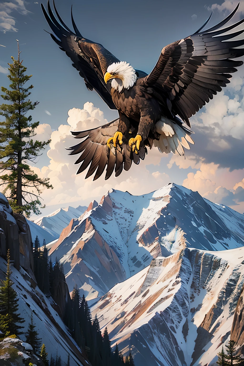 A life-like picture of a proud majestic American Bald Eagle in flight over the top of a mountain. A bold, proud American flag flies in the background. dynamic lighting, bold lines
