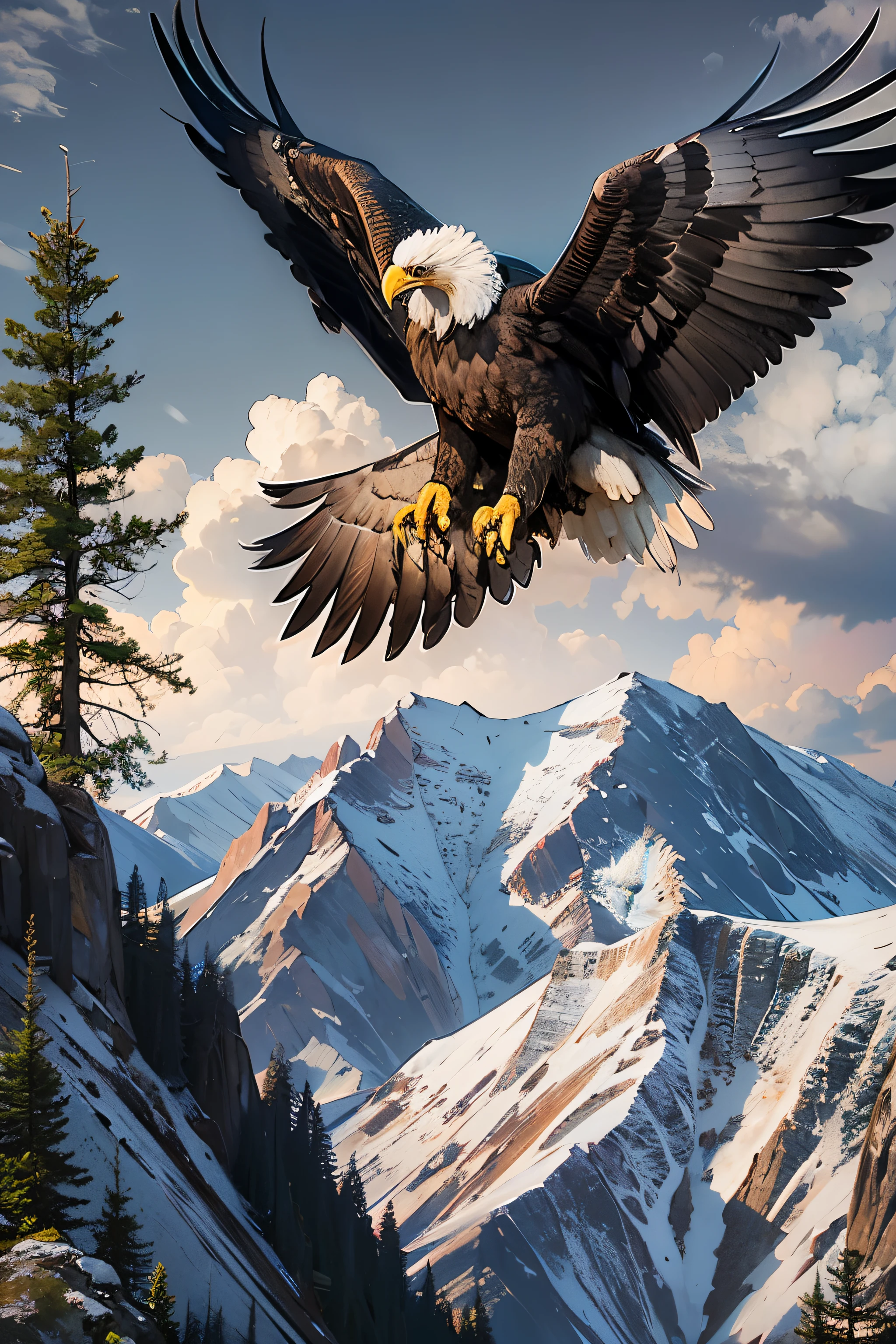 A life-like picture of a proud majestic American Bald Eagle in flight over the top of a mountain. A bold, proud American flag flies in the background. dynamic lighting, bold lines