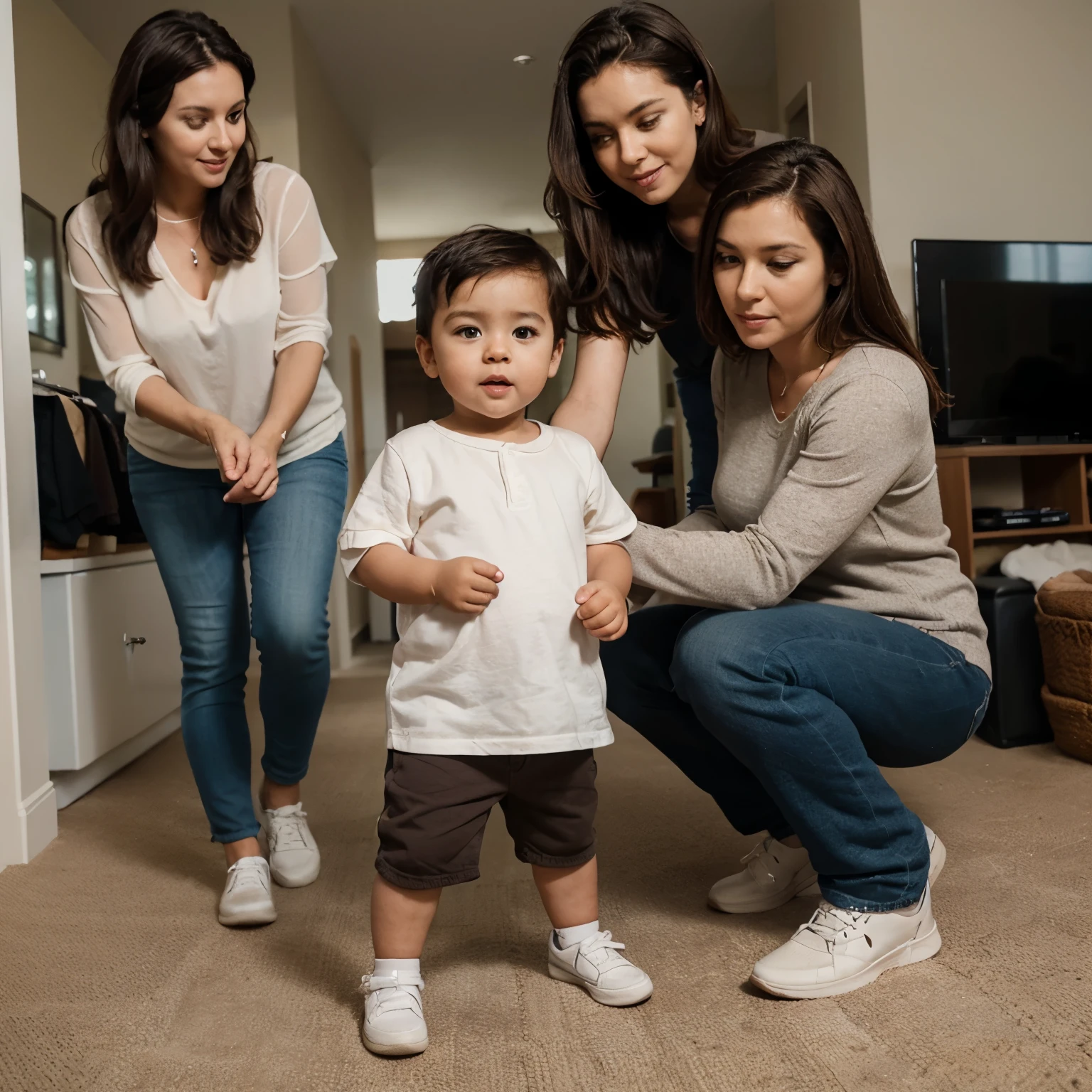 1 boy taking his first steps with his parents.Mother has dark brown hair and father has dark brown hair.