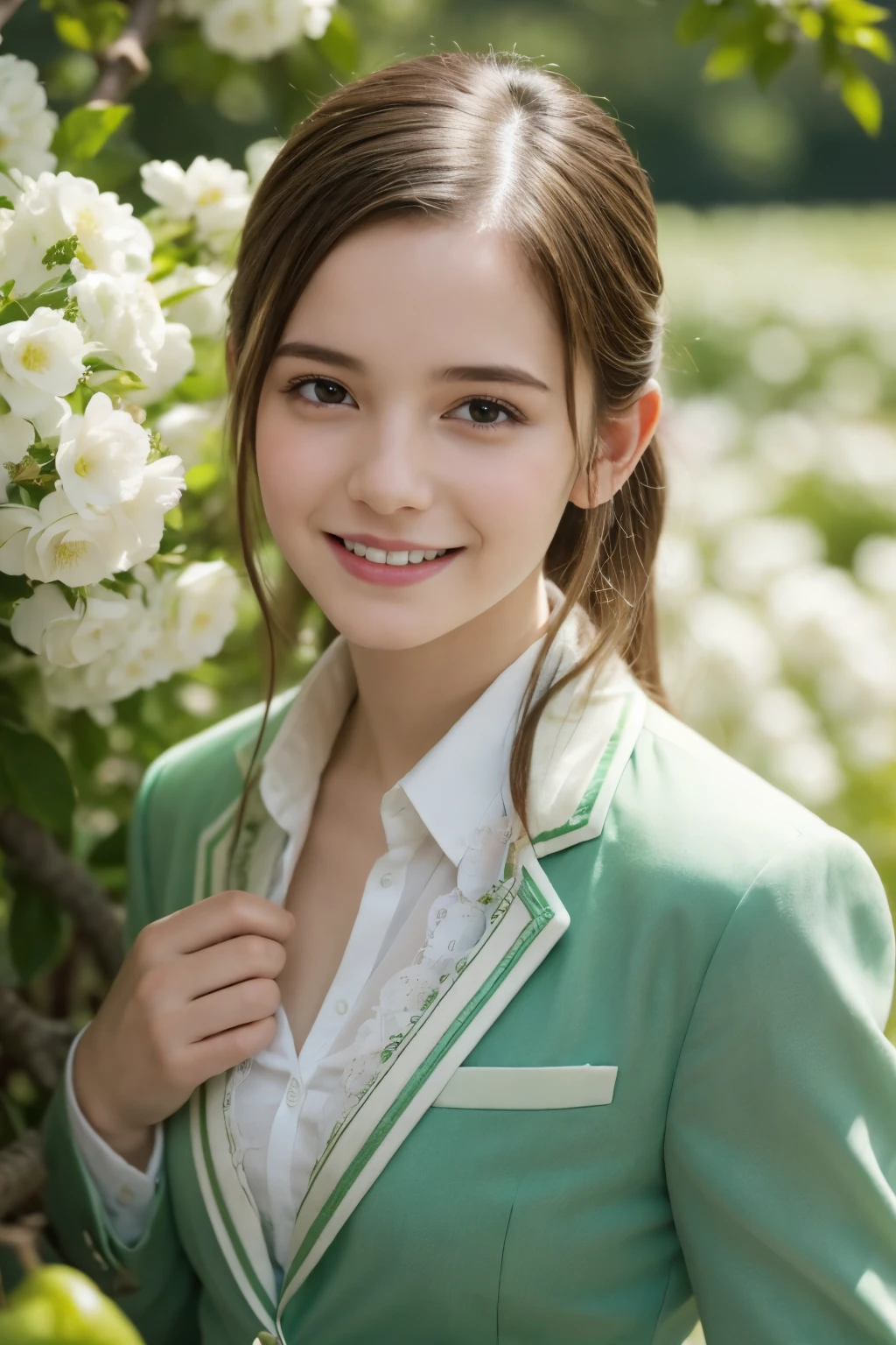 Masterpiece, Best quality, 8k, 18 ans, Photo brute, absurdes, Award-winning portrait, sourire, sourire, pure, french, elegant vibrant green suit, spring, orchard in bloom, laces, famous singer, cute, alive, sexy