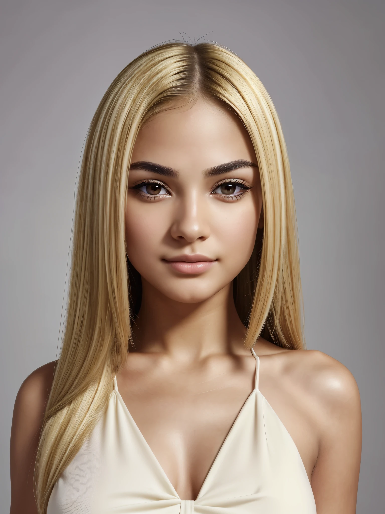 ((Beautiful) attractive cute:1 young woman), (big breasts:1.3), very_cute, (small_nose:1.2, thin_nose:1.5, delicate_nose:1.5, pointed_nose_tip:1.5, symmetric_nose), round_chin:1, short_jaw:1, round_jaw:1, long_hair, straight_hair, (blonde_hair:1.5), (brown_eyes:1.5, mahogany_brown_eyes:1), cheek_dimples:1.3, round_cheeks:1.2, (very_small_eyebrows:1.5), (1Woman:1.5, (Masterpiece, 8K, best quality, highres:1.5), upper_body:1.5, looking_at_viewer:1.5, body_looking_at_viewer:1.5, white_photoshoot:1, white_room:1, white_backdrop:1.5, standing, neutral_body_posture:1.5, neutral_facial_expression, wearing white_straplesini_dress), short_woman, small_woman, skin_texture:1.2