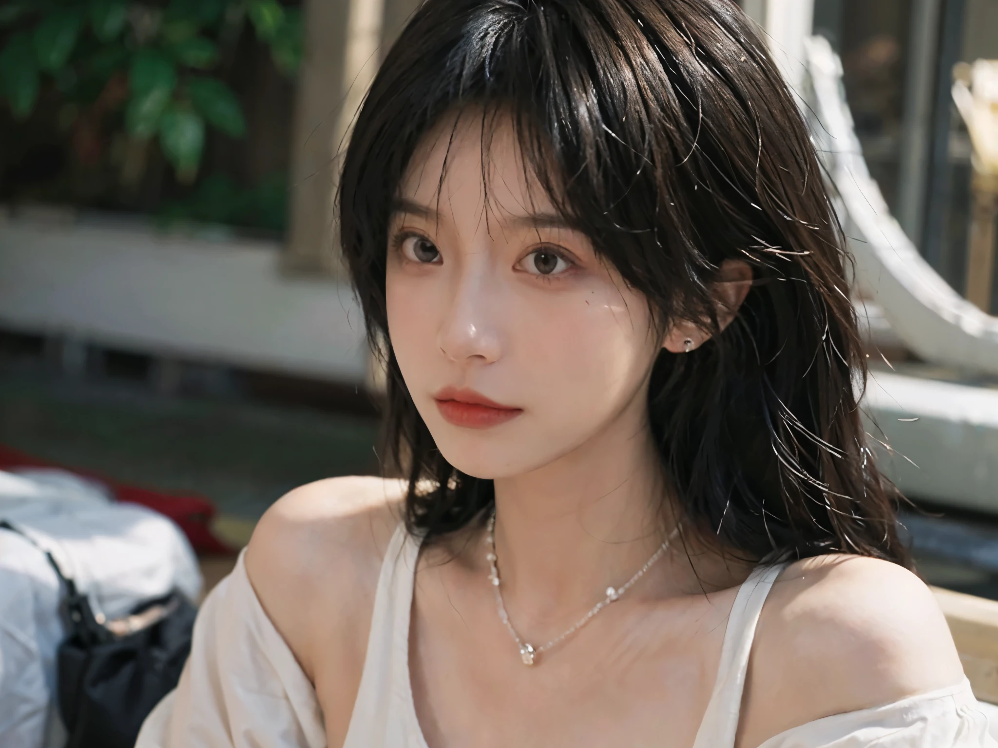 Film portrait photography, 1 girl, bare shoulders,lipstick,(flat chest:1.4), Shoulder length wavy hair, wear necklace,Exquisite makeup,earrings,short sleeves,serene, calm, (Realistic and detailed eyes, natural skin texture, Realistic facial details), Soft dramatic lighting, depth of field, Bokeh, Vibrant details, Detailed and detailed, surreal, 35mm film, hazy, ,