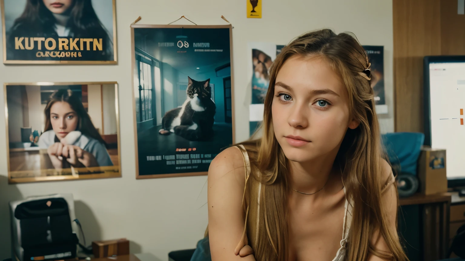 Real photo, Kodak 400 quality. Facing the camera sits, Young beautiful slender 20-year-old girl, long hair, blonde, blue eyes, nose slightly up, sits at a table in the studio room, the table office, in the background on the wall hangs a lot of posters with cats, kittens.