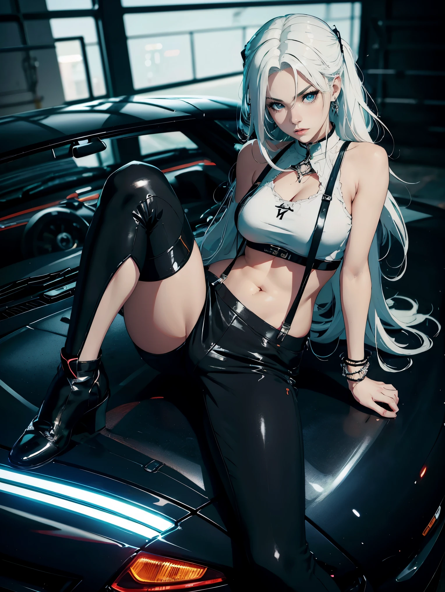 anime girl with black hair and blue eyes posing in lingerie, seductive anime girl, beautiful alluring anime woman, 2 b, 2b, guweiz on pixiv artstation, guweiz on artstation pixiv, pixiv 3dcg, small curvy , extremely detailed artgerm, guweiz masterpiece, [ 4 k digital art ], stocking suspenders, leg on leg, sitting on the hood car, neon light, Toyota supra, dark car, sexy outfit