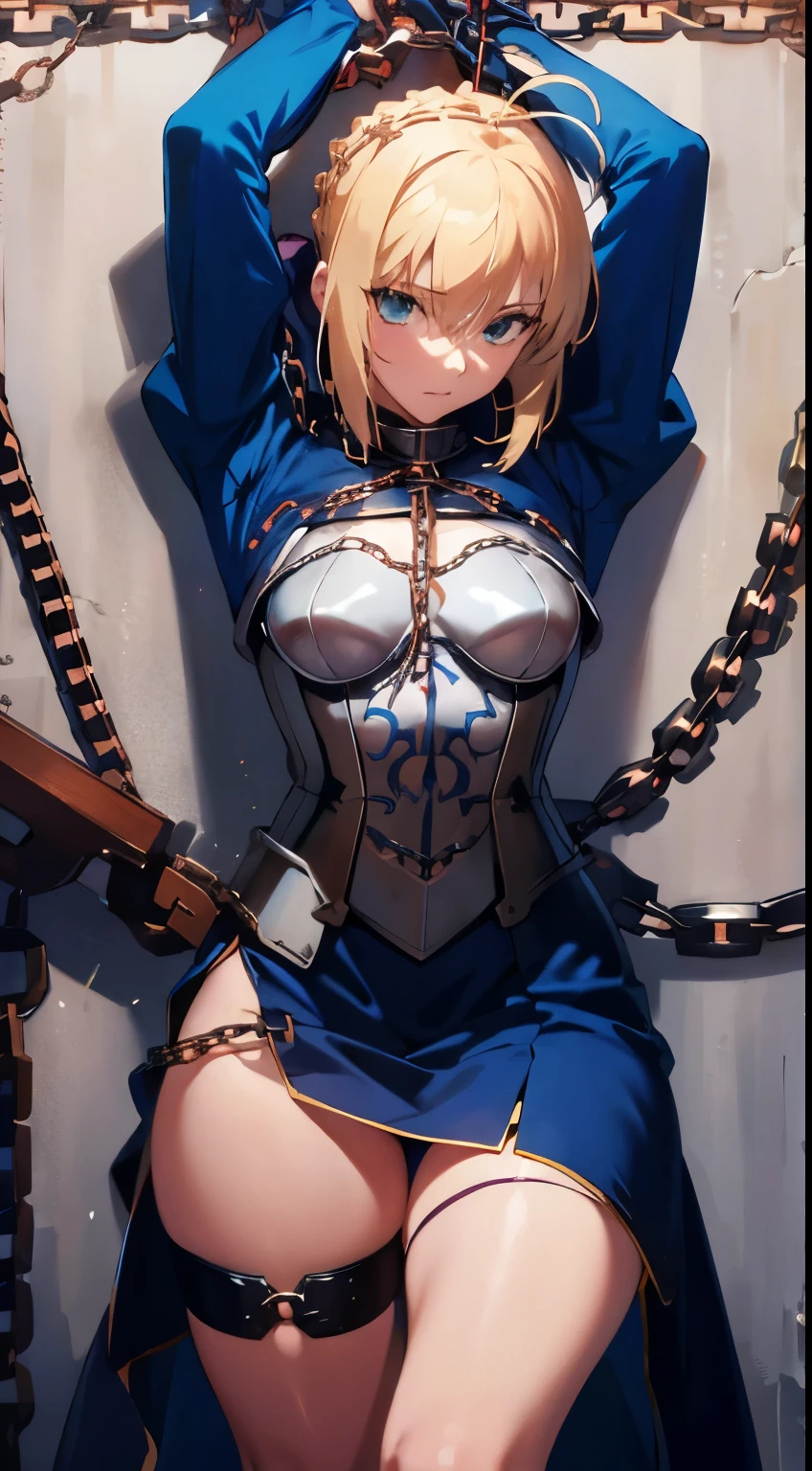 Nsfw,Clothed,white lace panties,looking at viewer,(((chain binding over clothes:1.5))),(arms behind return:1.3)，restrained things,restrained by chains, tightly shackled and confined ,a lot of Blood Stain On Shirt,torn skirt,, (best quality:1.4), realistic, 1girl, artoria pendragon \(fate\), armor, (excalibur \(fate/stay night\), sword, holding sword:1.1),long dress,masterpiece,detailed eye,detailed skin,detailed face,