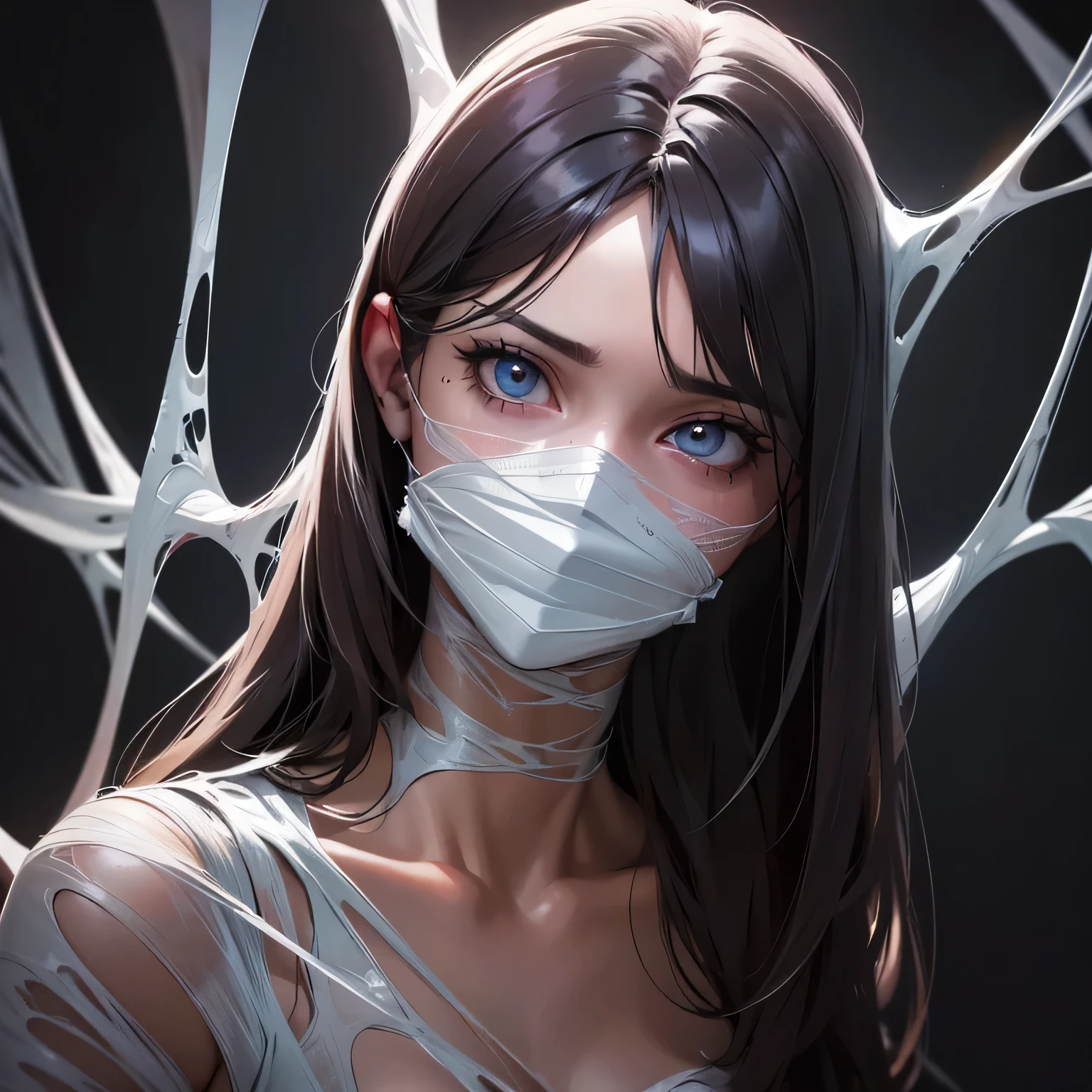 ing from the ceiling, dim lighting, dark atmosphere, oil painting style, vibrant colors, intense emotion. (best quality, highres, ultra-detailed, realistic:1.2), spiderweb, trapped, delicate facial features, fear in her eyes. half body visible,(gagged:1.4),