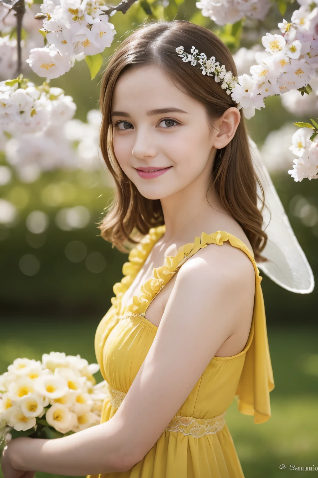 Masterpiece, Best quality, 8k, 18 ans, Photo brute, absurdes, Award-winning portrait, sourire, sourire, pure, french, elegant vibrant yellow dress, spring, orchard in bloom, laces, famous singer, cute, fairy tale