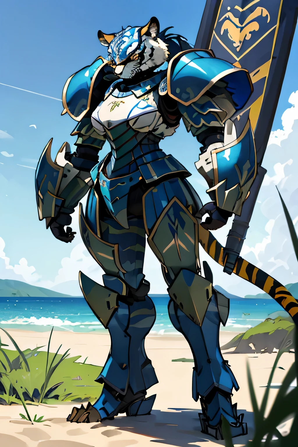 thicc, standing, full body, big, female, armoured ,furry, scorpion armour, scorpion pincer hands, tiger stripes color, hybrid monster, 4K, masterpiece, grass valley, blue skies, beach