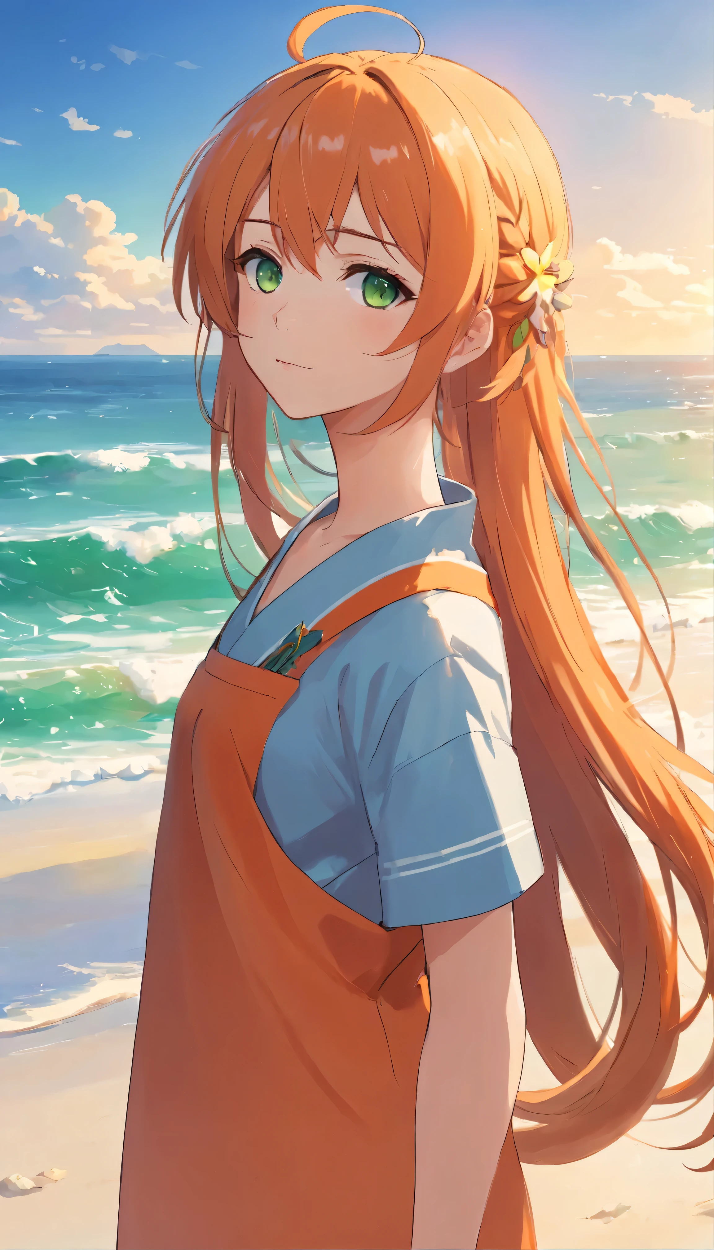 Anime girl with long orange hair, standing on the beach near the ocean, green eyes detailed digital anime art, anime girl with long hair, гладкое аниме cg art, anime girl with long hair, digital anime art, work in Guweiz style, Beautiful anime portrait, Photorealistic render of an anime girl, Beautiful anime girl, advanced digital anime art, guweiz на artstation pixiv HD UHD HQ