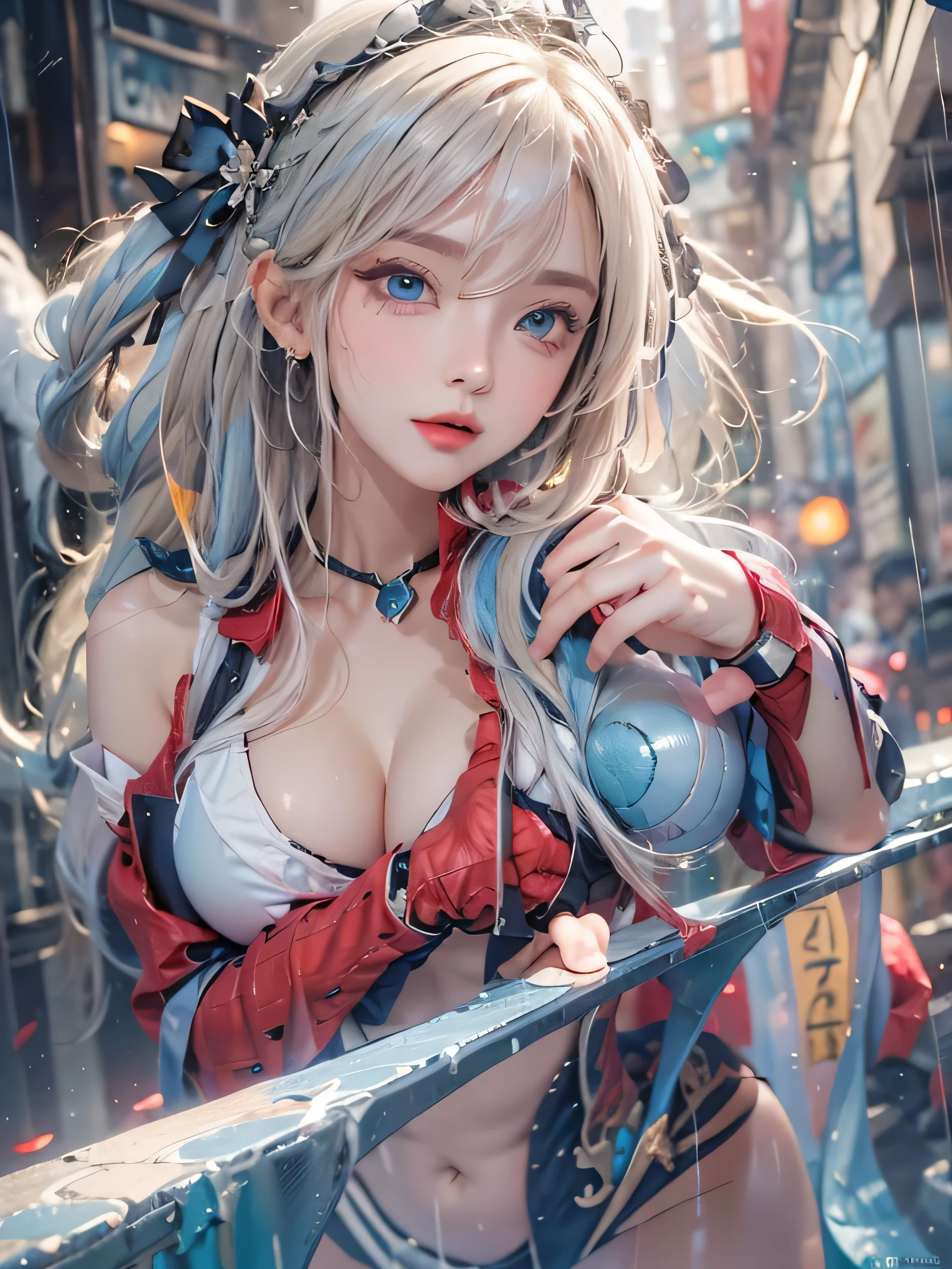 (photorealistic:1.8, highest quality:1.8,8K masterpiece:1.8,High resolution,muste piece:1.8,RAW Photos,cinematic lighting),one goddess、(Armor Leotard、choker、knee high tights、beautiful butt,beautiful thighs,plump nipples,Nipples are visible through the costume),
(beautiful detailed blue eyes:1.7,,double eyelid:1.6 Beautiful skin with shining details:1.2),
(midium Hair:1.2,Beautiful shining blue blonde hair:1.5),
line of sight(Turning Head Away, Glancing Elsewhere:1.5),(photo seen from behind:1.4),
expression(Disappointed:1.3,face turns red:1.3),(Moderate chest:1.3),
Pause(back pose:1.3,Seductive pose:1.5),
background(city at night、alley wet with rain、neon),(detailed perfect face),anatomically correct,correct move:1.5,correct foot:1.5,4 fingers and 1 thumb in correct proportions,(cameltoe),No split screen,slender abs:1.2,(Young sensual gravure idol)