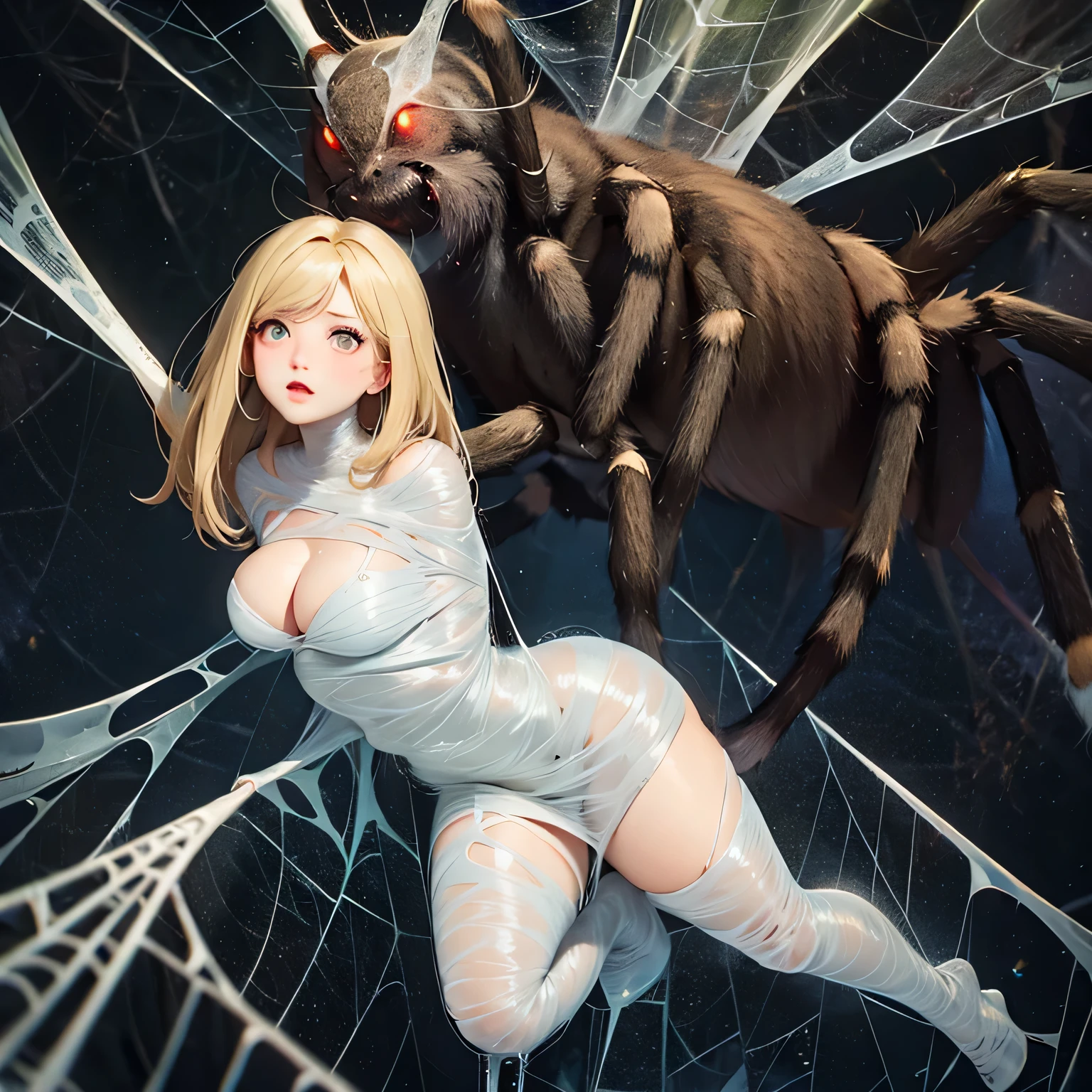 best quality,ultra-detailed,classroom,photorealistic,hanging,spiders in the web,long spider legs,beautiful girl,desperate struggle,entangled,despair,cocoon