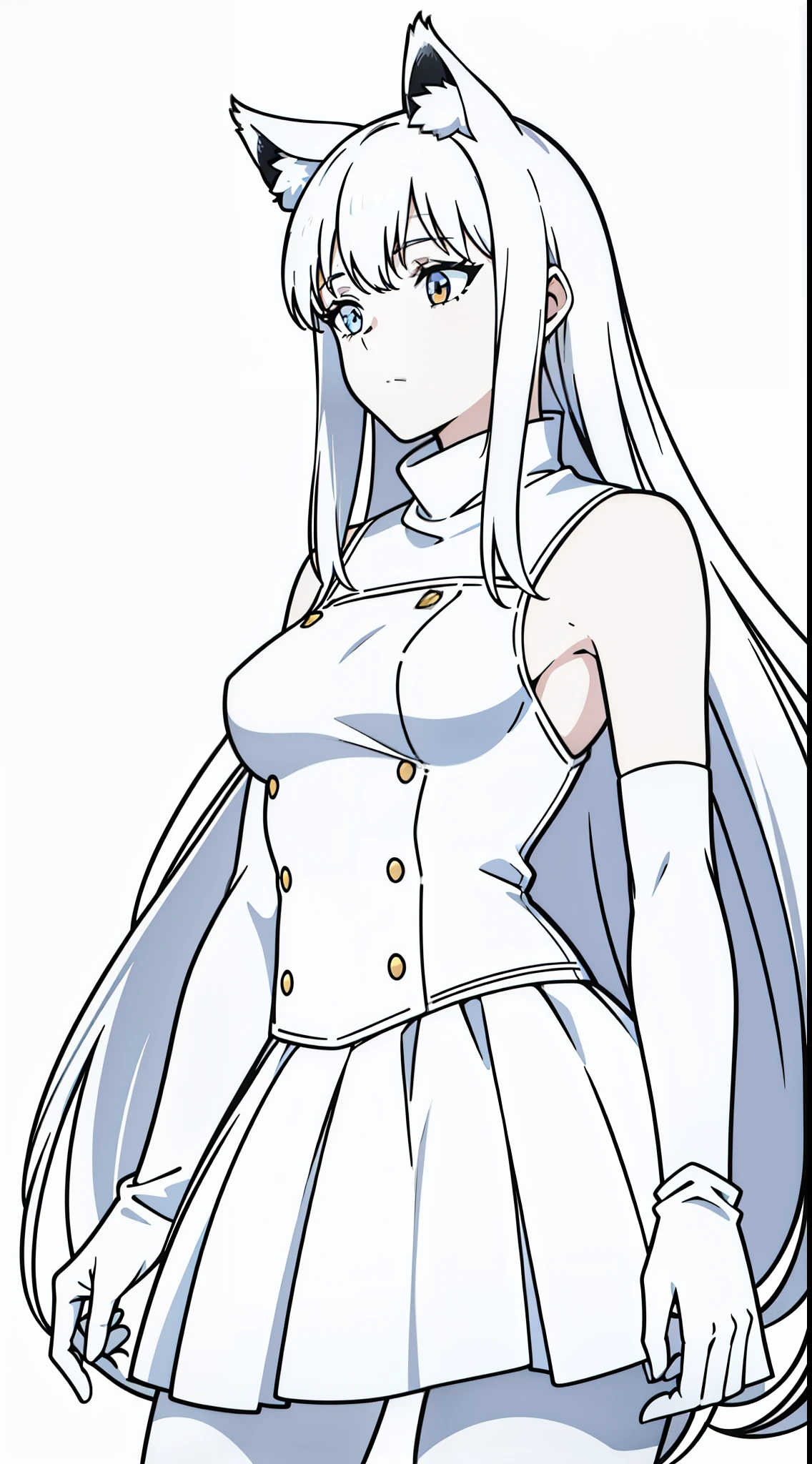 (1girl,20 years old,mature female),solo,medium breasts,white hair,fox ears,(white background,line drawing),upper body,white skirt,white high pantyhose,white fur neck,white gloves,bare belly,long hair,white shirt,turtleneck,sleeveless