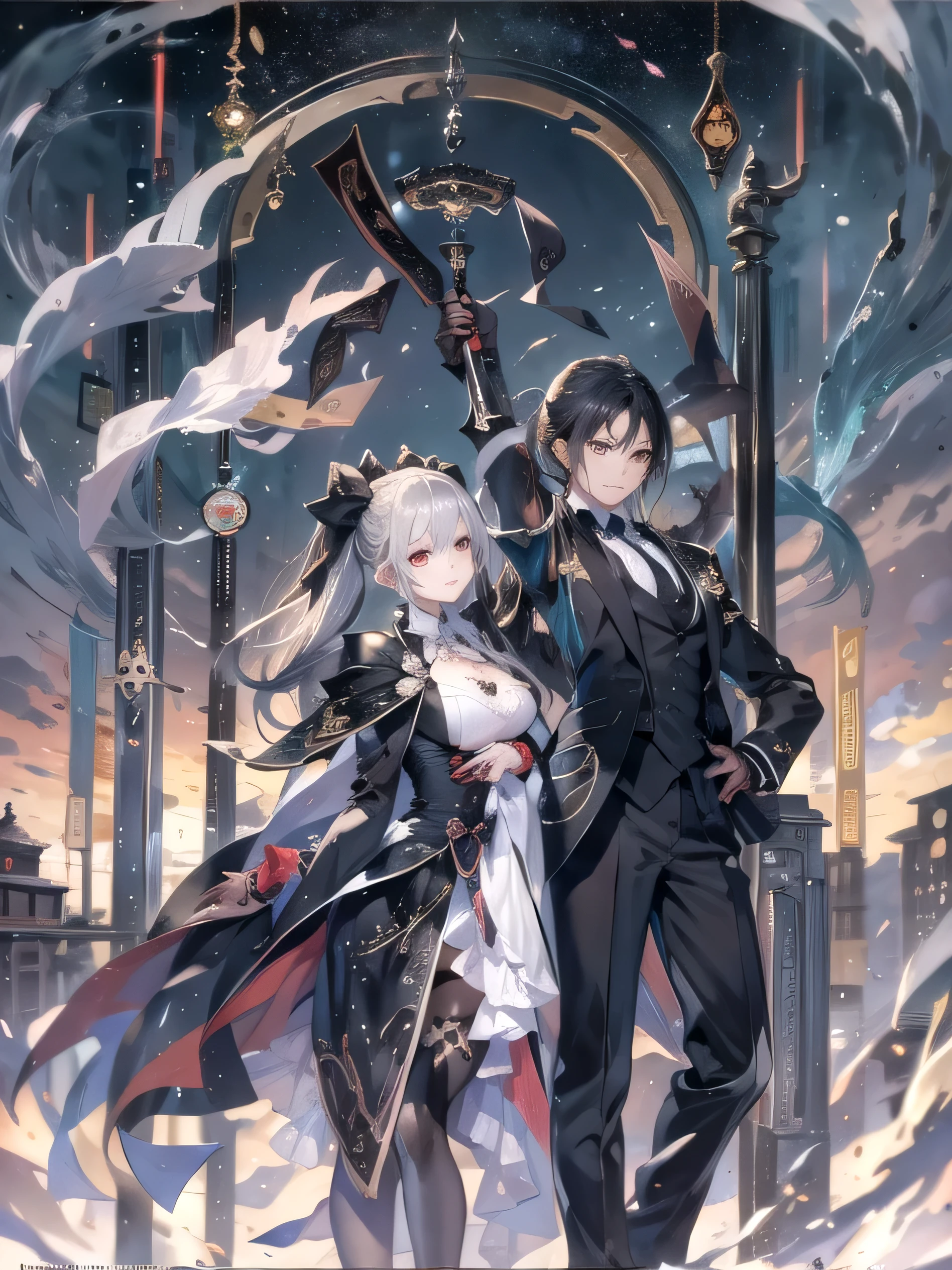 ((master piece:1.2、highest quality))、real、1 female、solo、Blood、male focus、look at viewer、Altria Pendragon \(fate\)、black (((suit)))、black (((pants suit) ))、(((ponytail)))、(((black gloves)))、aurora、night、star(null)、null、nightnull、starnull、magic sword holder、dark clouds、night、model shot、(Impressionism: 1.4)、(tarot: 1.3)、Alphonse Mucha、BREAK