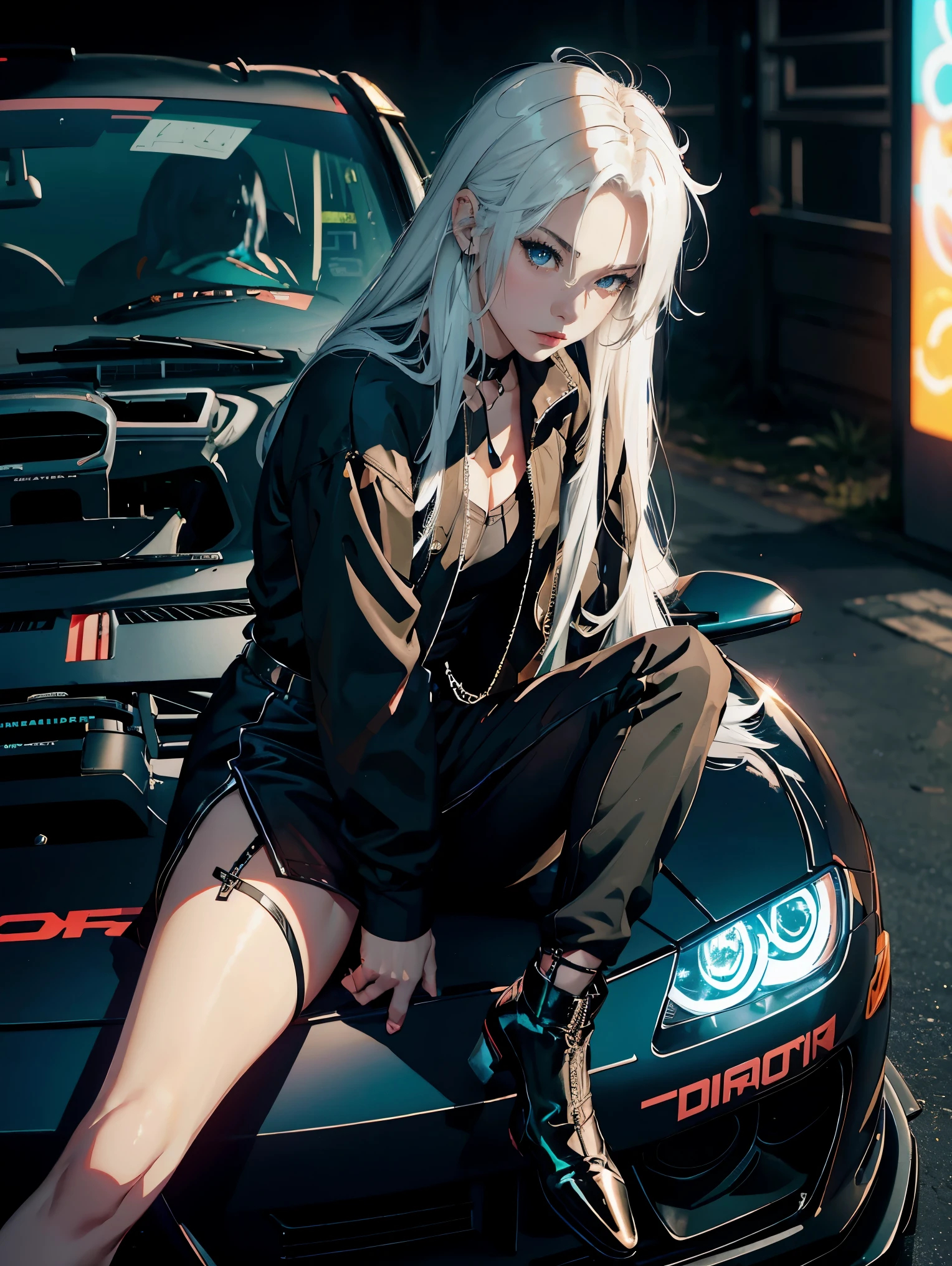 anime - style illustration of a woman with white hair and a black top, a character portrait inspired by Ross Tran, trending on Artstation, gothic art, ross tran style, rossdraws 1. 0, rossdraws 2. 5, artgerm and rossdraws, rossdraws 2. 0, :: rossdraws, neoartcore and charlie bowater, stocking suspenders, leg on leg, sitting on the hood car, neon light, Toyota supra, dark car