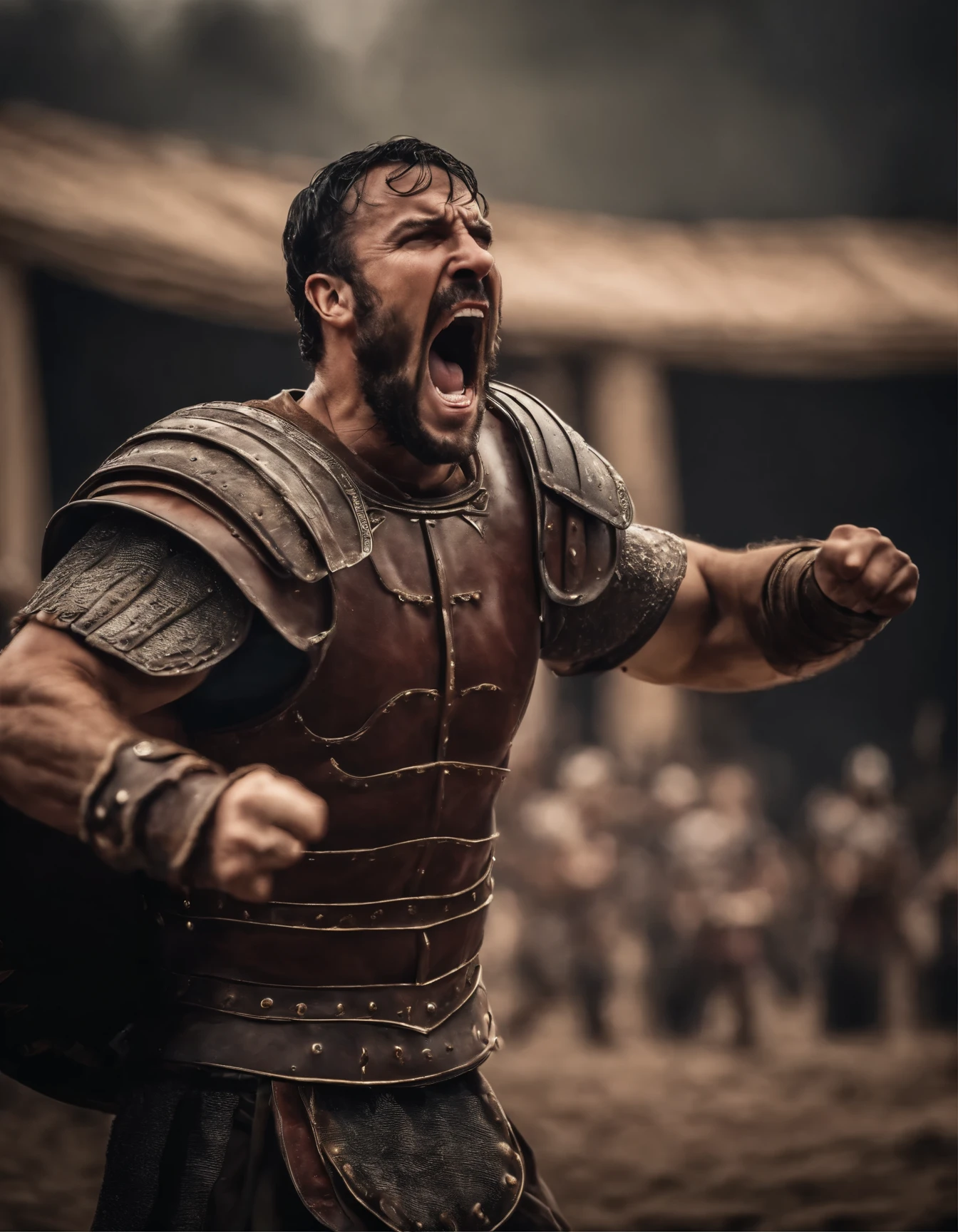 Photorealistic cinematic a roman gladiator yelling up fighting in combat   ultra detailed, ultra realistic