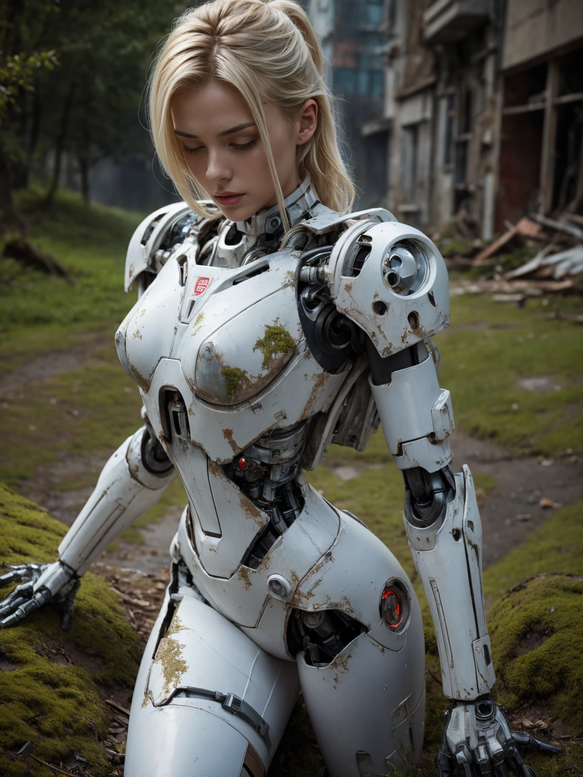 ((masterpiece, highest quality, Highest image quality, High resolution, photorealistic, Raw photo, 8K)), Abandoned robot soldier on battlefield, broken and immobile, rust and moss showing passage of time, female cyborg body, Blonde, female body, biomechanical , extra detailed body, blowjob white mech, white biomechanical details, detailed body, shiny white armor, cybernetic body, eva unit-00 on back, full body details, destroyed city in the background