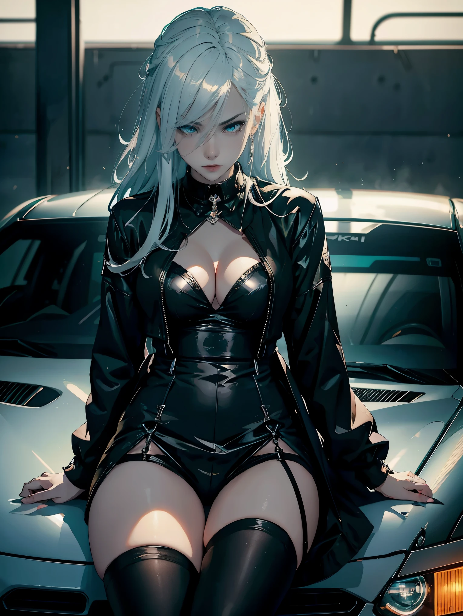 anime - style illustration of a woman with white hair and a black top, a character portrait inspired by Ross Tran, trending on Artstation, gothic art, ross tran style, rossdraws 1. 0, rossdraws 2. 5, artgerm and rossdraws, rossdraws 2. 0, :: rossdraws, neoartcore and charlie bowater, stocking suspenders, leg on leg, sitting on the hood car, neon light, Toyota supra, dark car, y outfit
