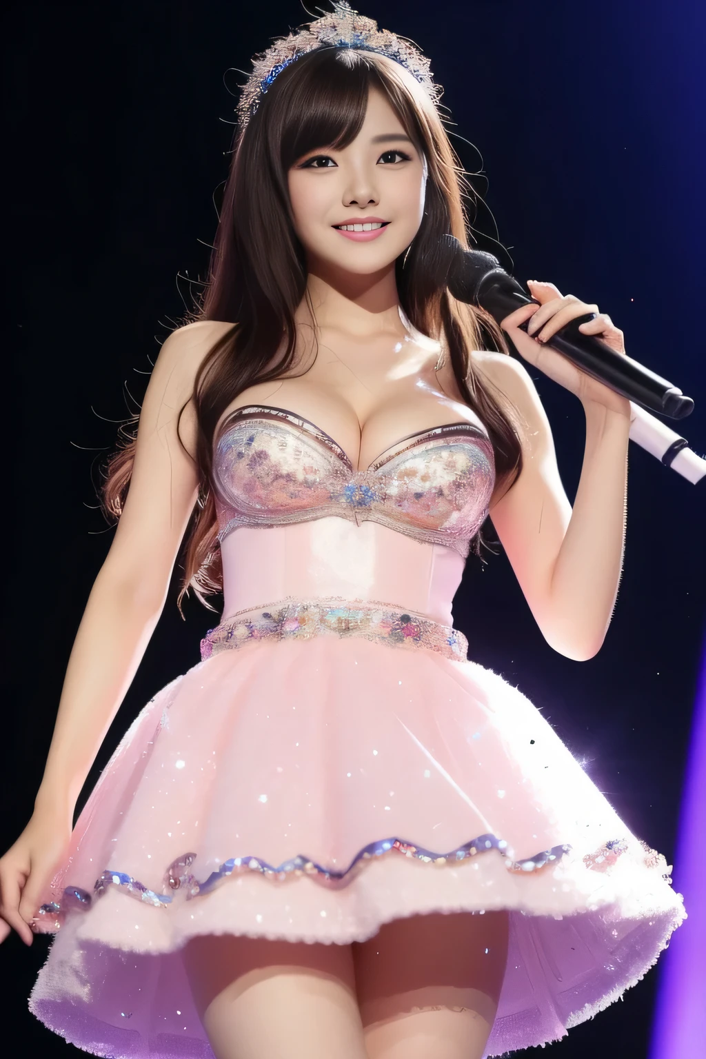 (great masterpiece、High level image quality、high quality),young、japanese woman、idol singer、real face、gravure、Not sure、sense of cleanliness、beautiful skin、big breasts、Beautiful limbo body shape、sing on stage、Fancy Dance、applause、light、jump up and down、brilliance of eyes、popular person、erotic costumes、